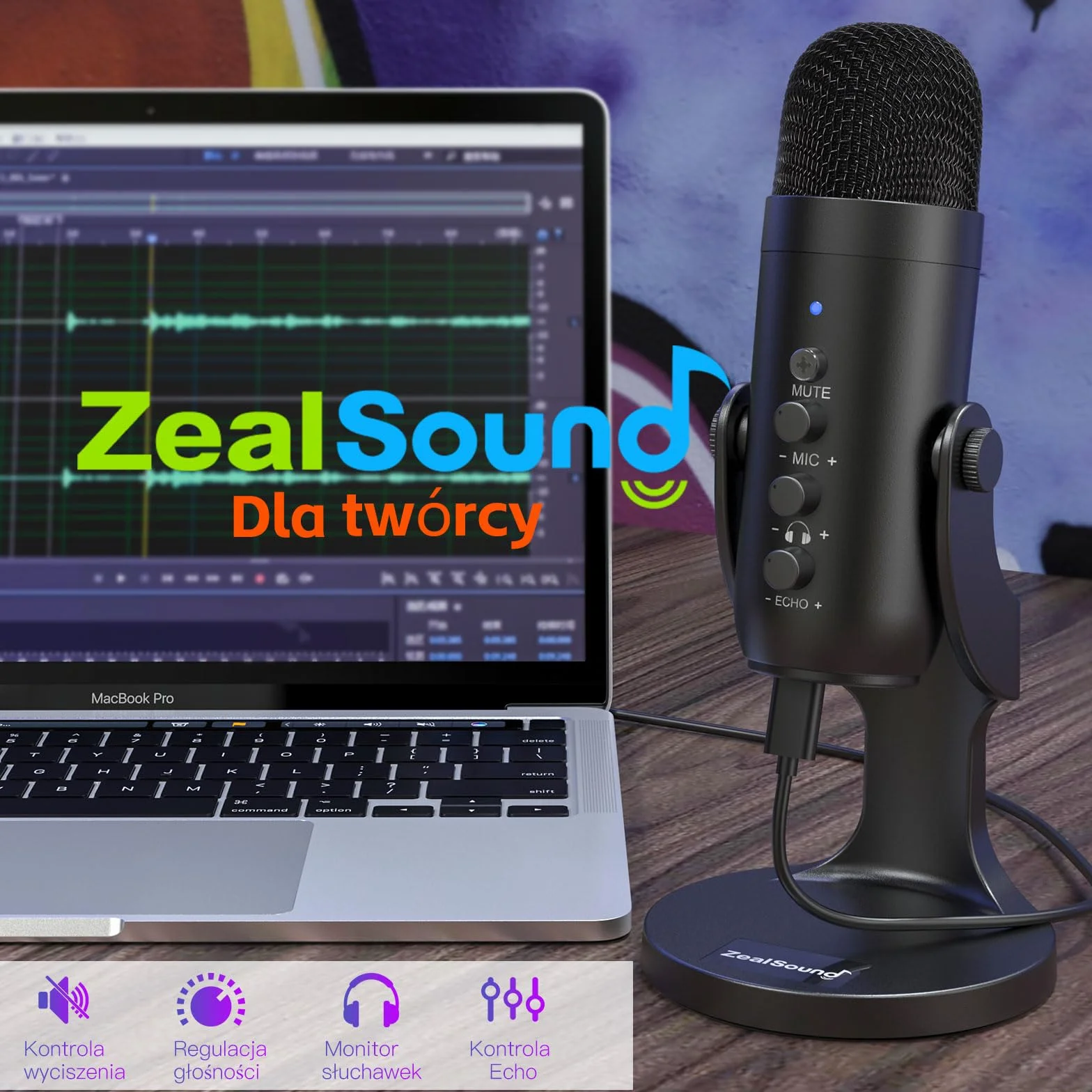 ZealSound Mikrofon USB pojemnościowy K66 do komputera PC PS5 Mac, wyciszenie i echo, regulacja głośności