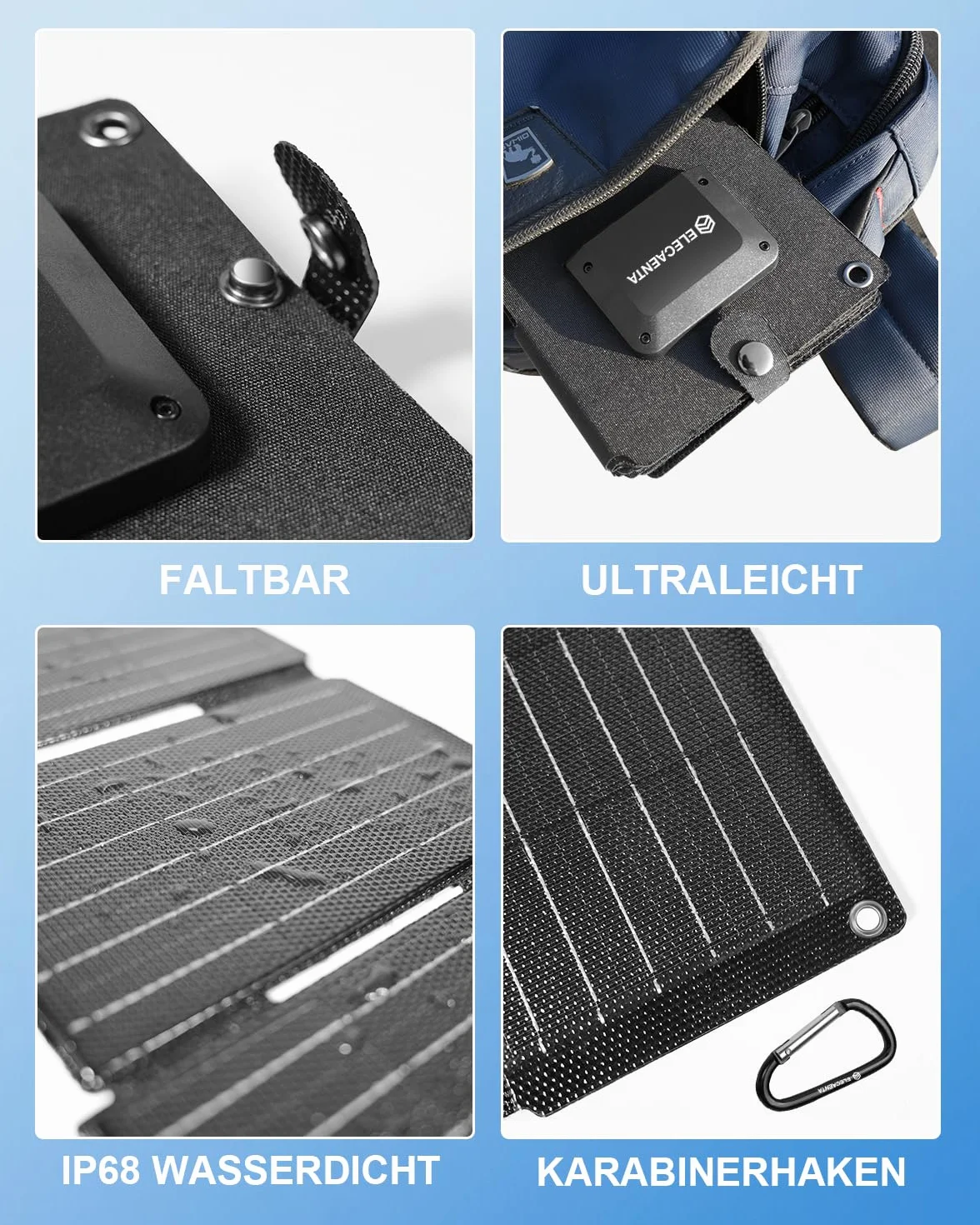 ELECAENTA Przenośna ładowarka solarna ETFE 25 W, rozmiar kieszonkowy, mini składany panel słoneczny z USB-A i USB-C, wodoodporność IP68, na zewnątrz, kemping, wędrówki, kompatybilna z telefonem