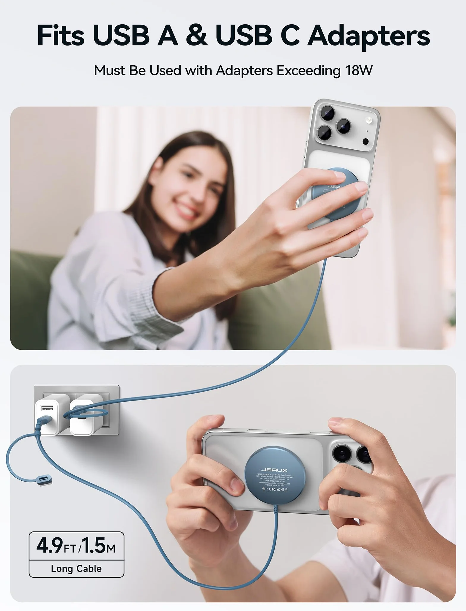 JSAUX Mag-Safe ładowarka 15 W, szybka bezprzewodowa ładowarka magnetyczna kompatybilna z MagSafe iPhone 15/15 Pro/15 Pro Max 14 Plus/iPhone 14 Pro Max/iPhone 13 Pro Max/13 Mini Airpods Pro Niebieski
