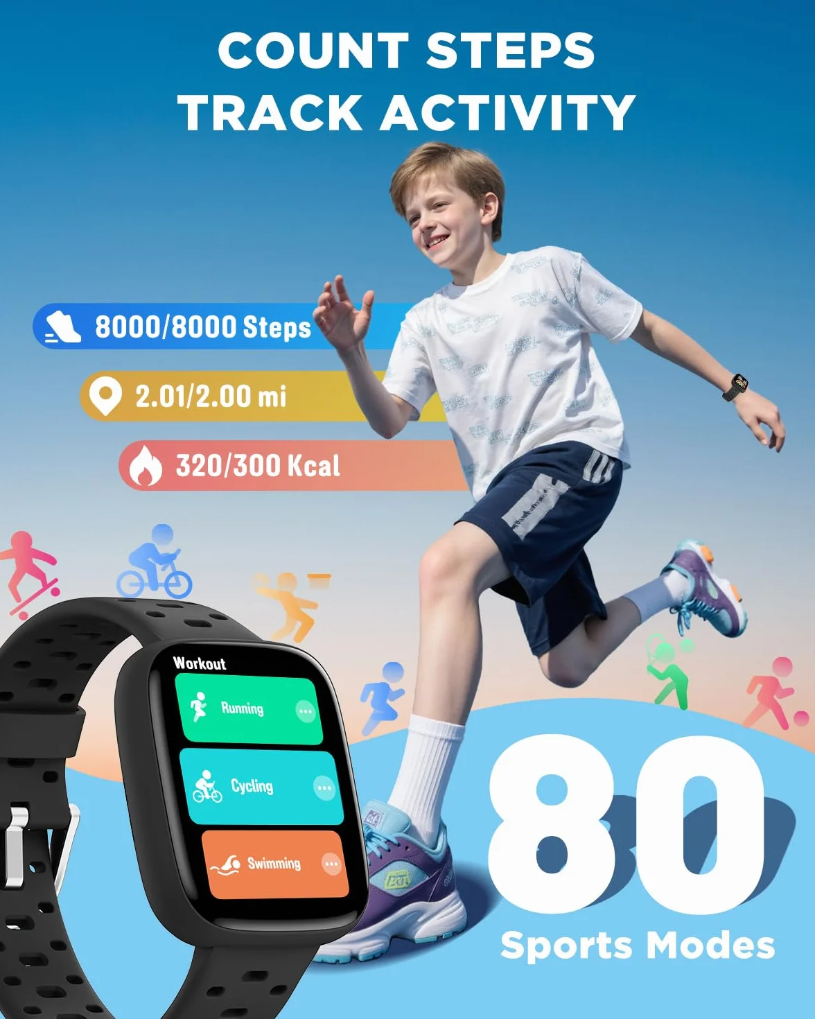 BIGGERFIVE Zegarek dziecięcy Smart Fitness Watch 4.6 cm Amoled wodoodporność 30 m