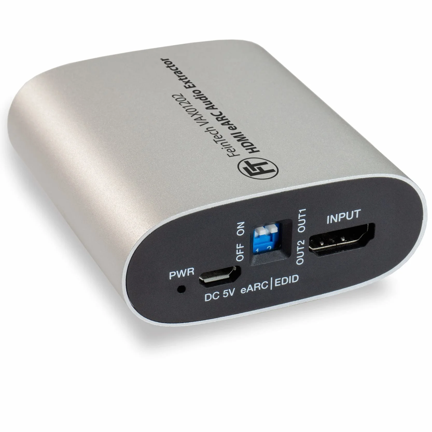 FeinTech eARC VAX01202 1x2 Ekstraktor audio HDMI do nowoczesnych telewizorów dostarczających Dolby Atmos TrueHD DTS-HD do odbiornika AV, 5 V DC || 500 mA || 1.75 W