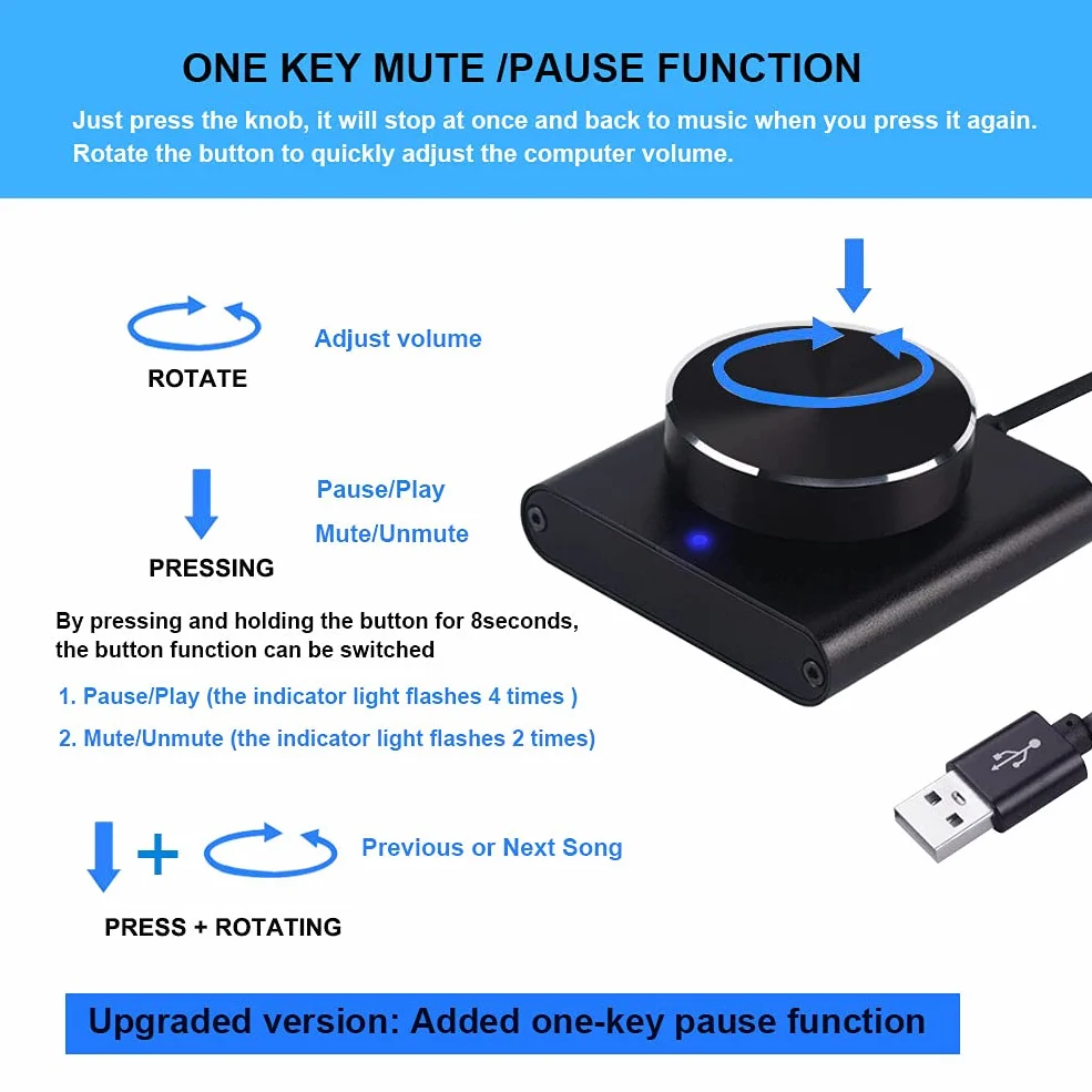 cooidea Przycisk regulacji głośności USB z jednym przyciskiem funkcji wyciszania/pauzy dla komputera, ustawienie audio, regulacja głośności audio, kompatybilny z WinXP/7/8 10/Vista/Mac/Linux