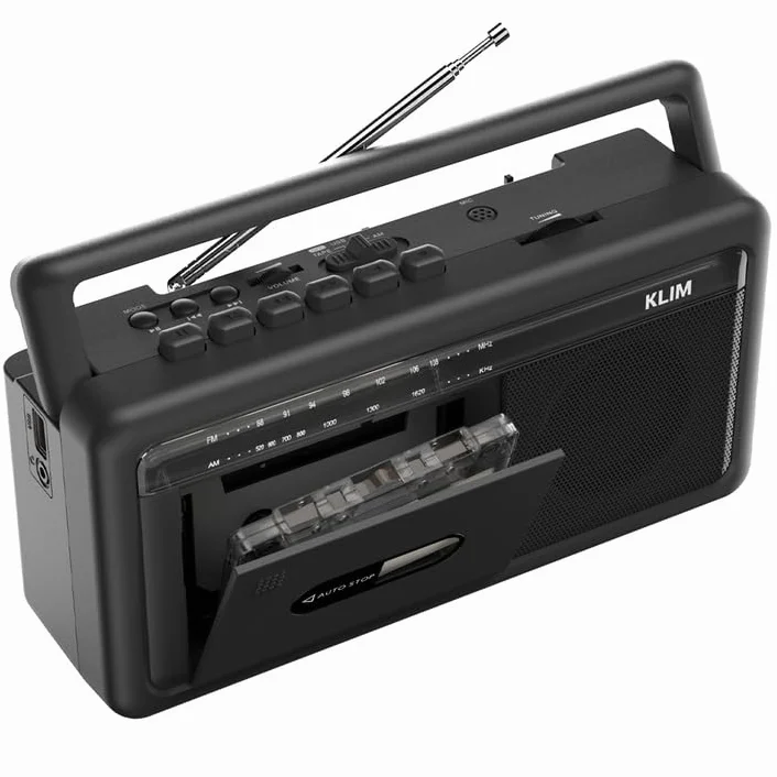 KLIM Przenośny odtwarzacz kasetowy Boombox, radio AM/FM, radio Bluetooth, odtwarzacz kasetowy i magnetofon, USB, głośnik, gniazdo słuchawkowe, zasilanie bateryjne i zasilanie sieciowe - czarny