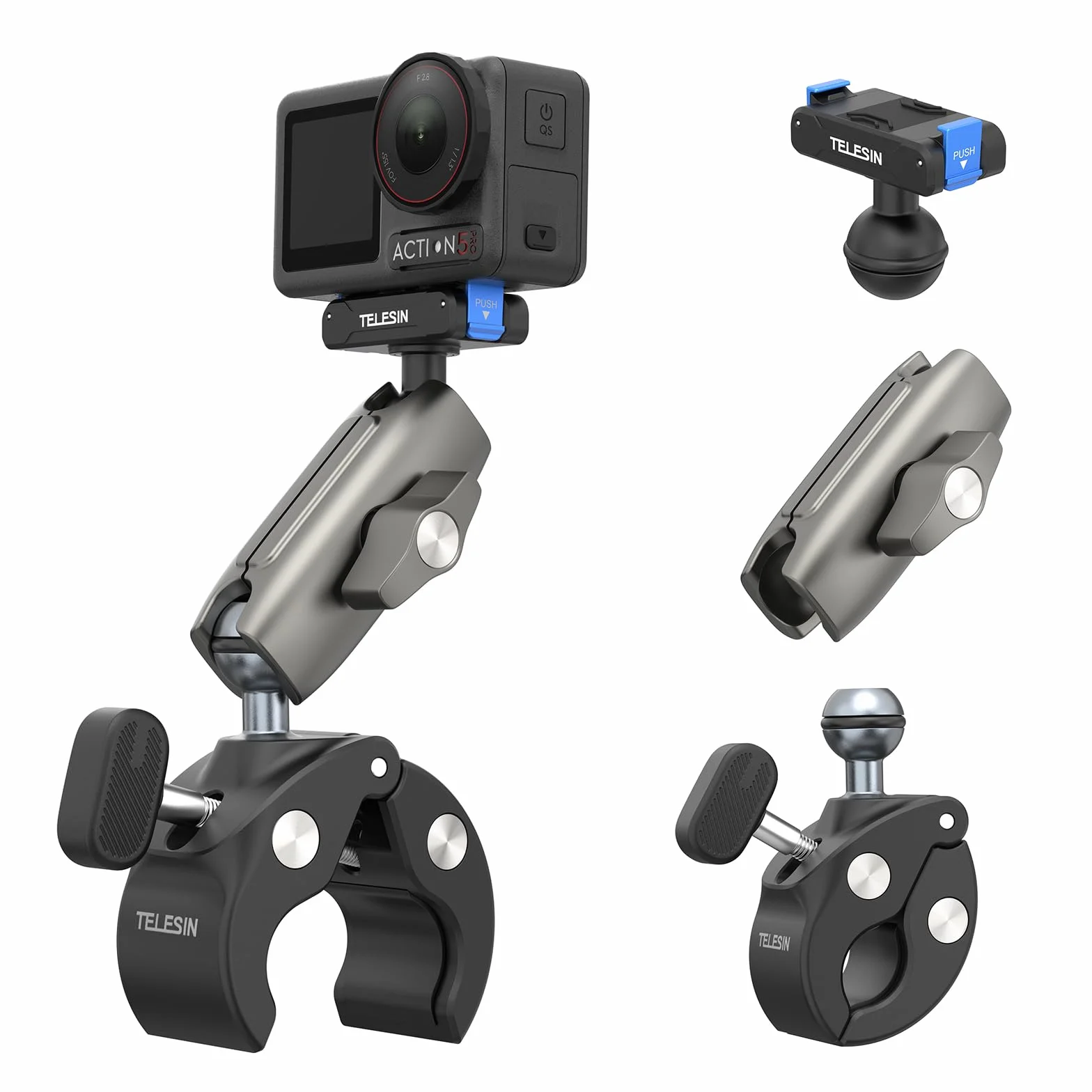TELESIN Super uchwyt zaciskowy, uchwyt rowerowy do DJI Osmo 360/Action 6 5 Pro/Action 4/Action 3/Pocket 3, klipsy magnetyczne z podwójnym zamkiem | głowica kulowa obracana o 360°, pasuje do kierownicy