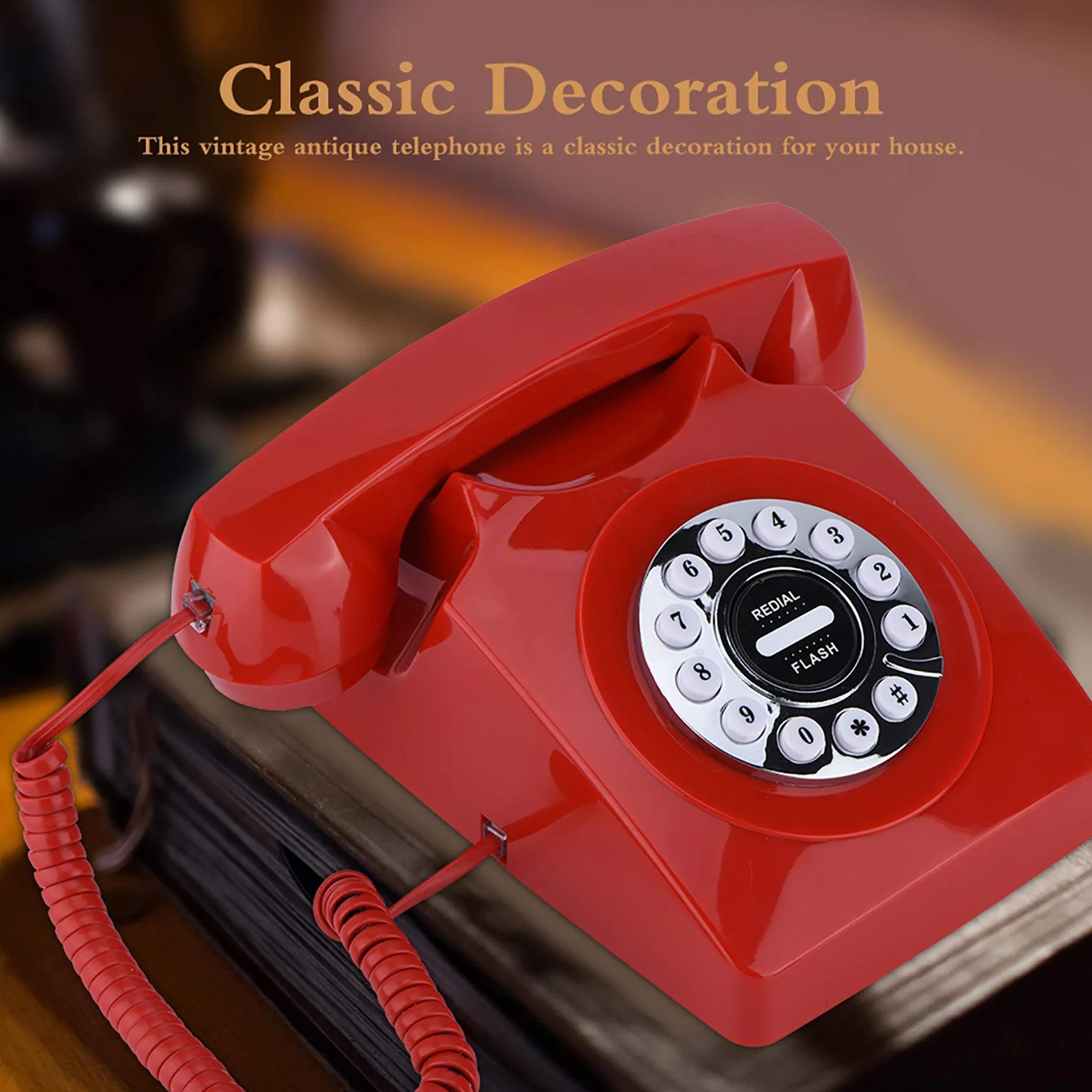 ASHATA Retro Telefon Vintage Przewodowy Analogowy Stacjonarny Klasyczny z Tarczą Obrotową Czerwony