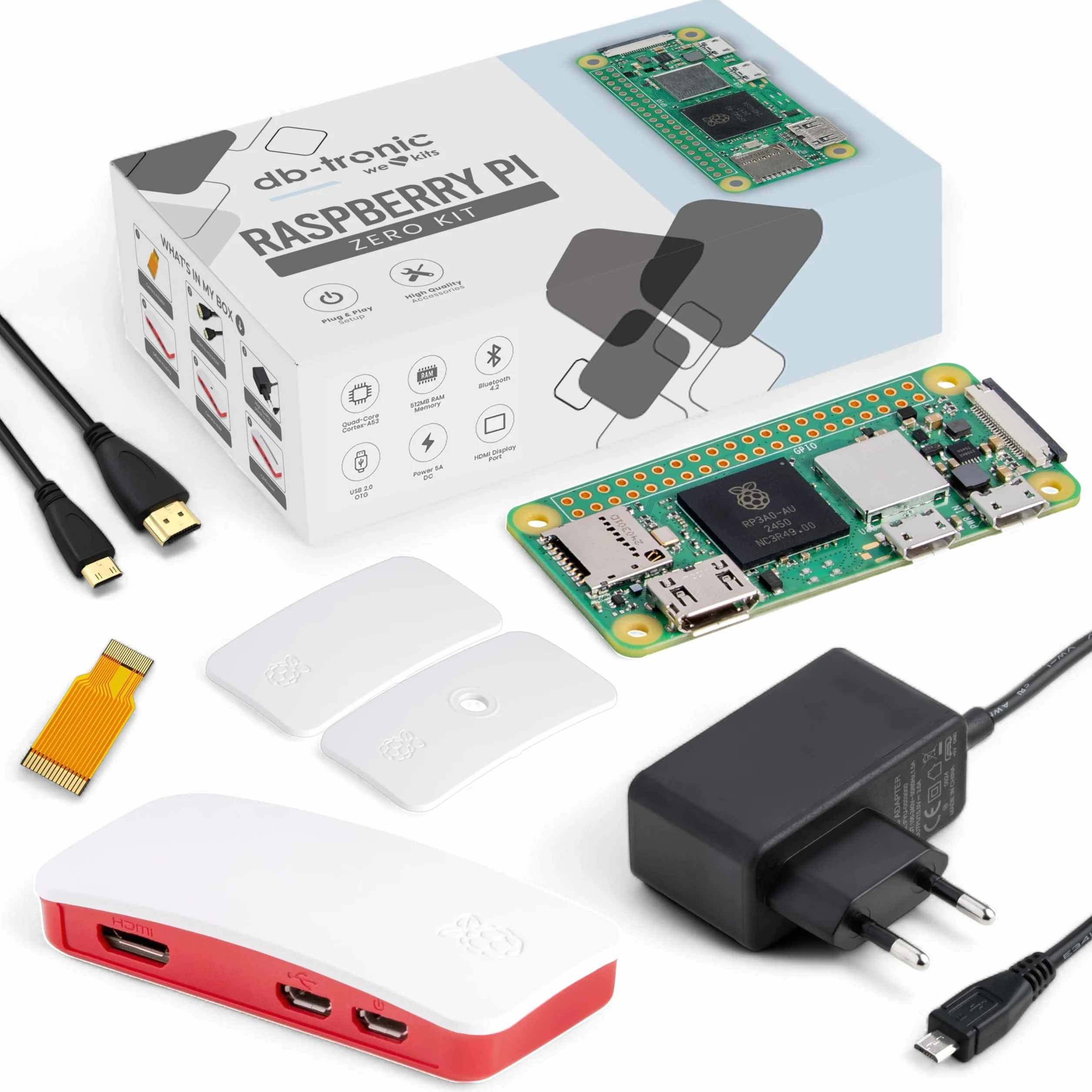 db-tronic Raspberry Pi Zero 2 W 512 MB Starter Kit | Zasilacz 13 W | Obudowa z 3 osłonami | Mini HDMI | Kabel do kamery | Gumowe nóżki | idealny do Home Assistant i smart home