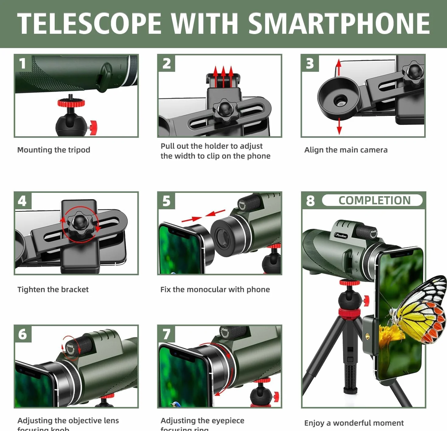 Pankoo Monokularowy teleskop 40 x 60 z uchwytem na smartfon, statyw 2024, Power Prisma, kompaktowy monokularowy monokular, dla dorosłych, HD Monokularowy Scope do obserwacji ptaków, wędrówek,