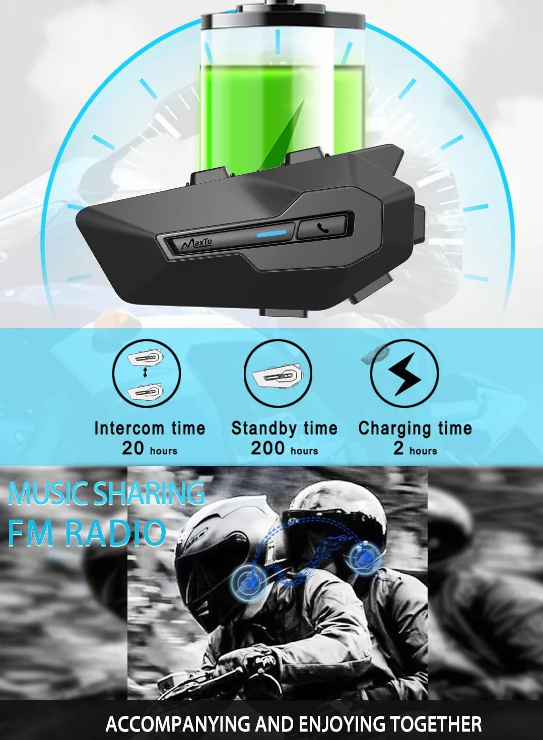 MAXTO Helmet Communication Systems, MX2 2-Riders 800 m Motorcycle Bluetooth Headset with Music Sharing, HiFi Stereo Sound/IPX6 Waterproof / FM Radio, kask motocyklowy