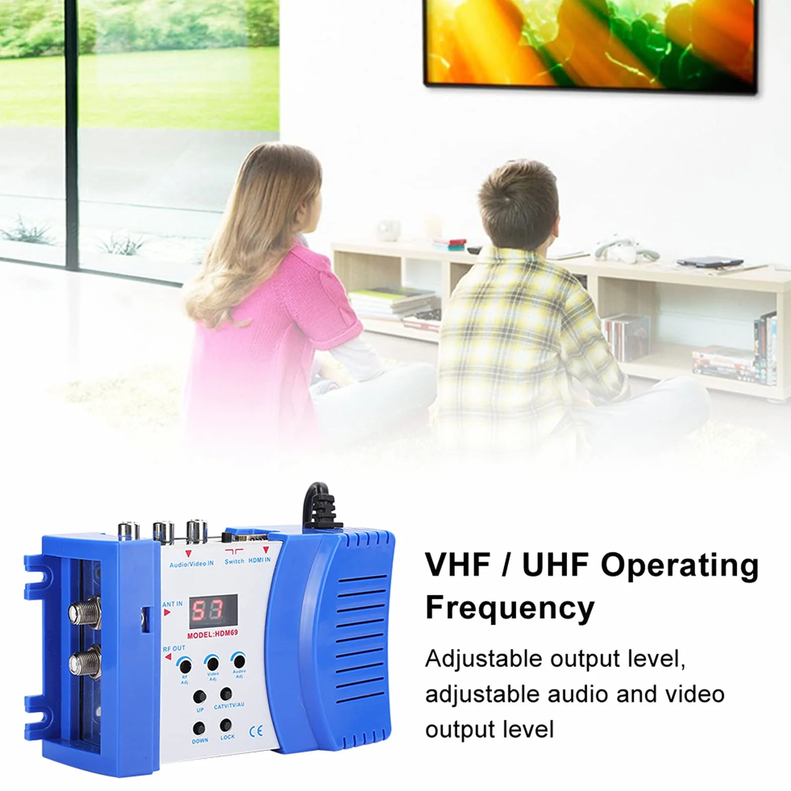 Modulator RF HDMI, Cyfrowy Konwerter AV na RF HDM69 Standardowy Przenośny Modulator VHF UHF PAL dla Regulowanego Poziomu Wyjściowego EU 100‑240 V