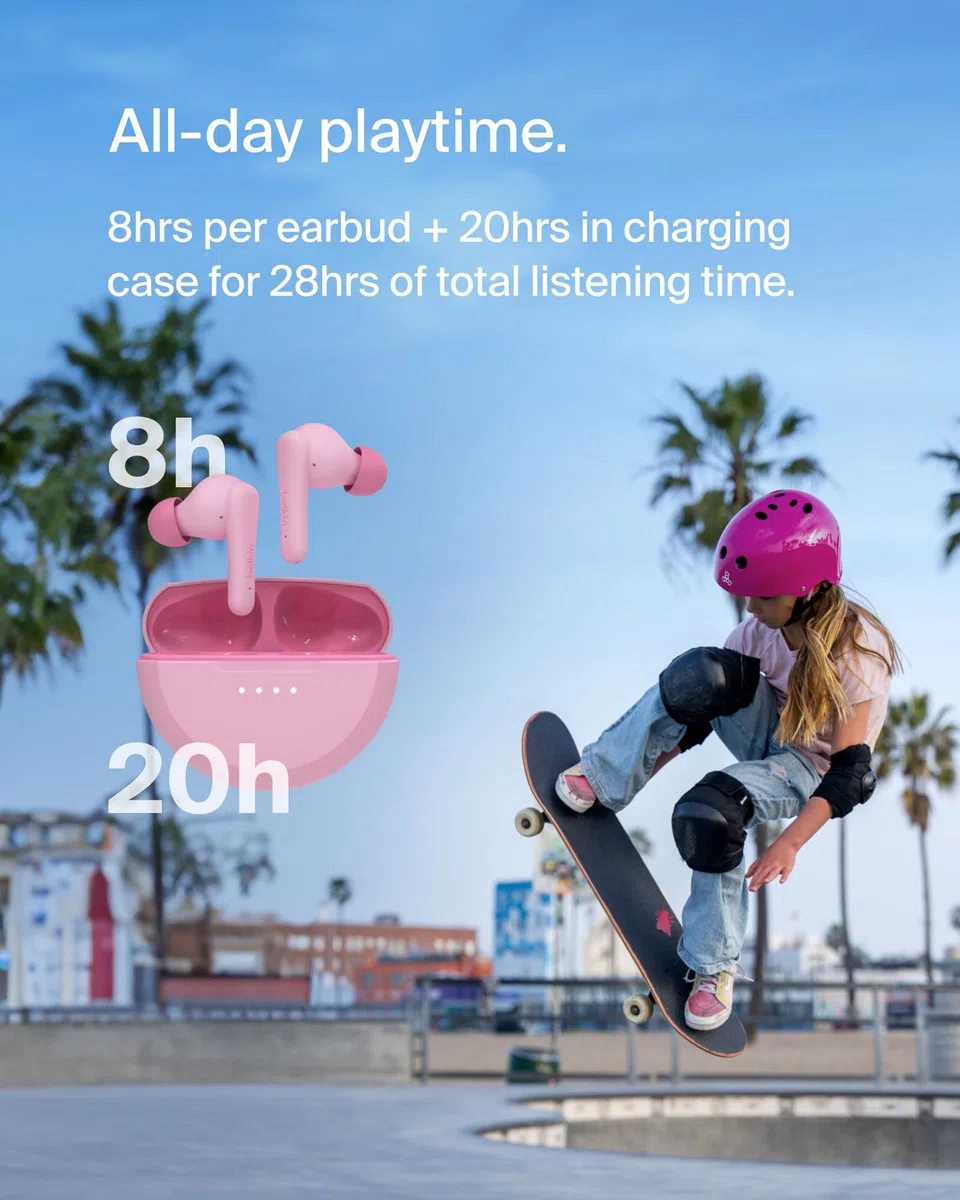 Słuchawki Douszne Bluetooth Dla Dzieci Belkin Soundform Nano 2 Z Wbudowanym Mikrofonem, 28 H Pracy Na Baterii, Bezpieczna Głośność 85 Db, Wodoodporność Ipx5 – Do Iphone'A, Ipada, Galaxy – Różowe