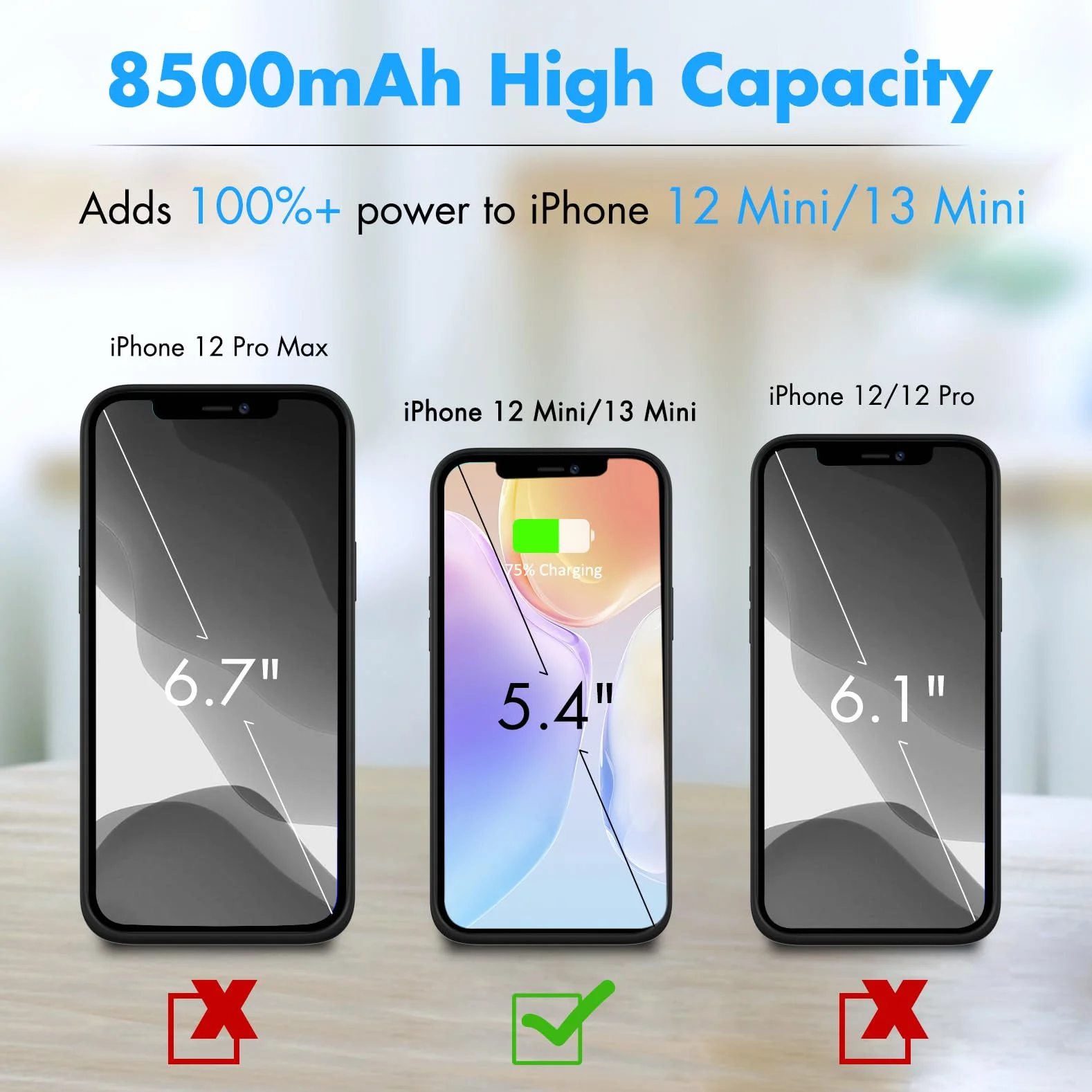 Etui na akumulator do iPhone 12 Mini/13 Mini (5,4") 8500 mAh, smukła obudowa do ponownego ładowania, przenośna, ochronna obudowa na telefon z akumulatorem, Power Bank z podstawką do iPhone 12