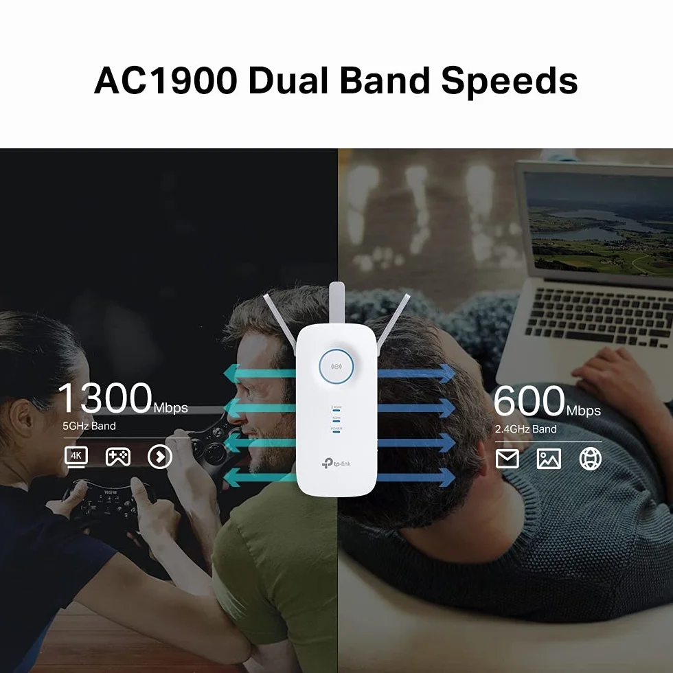 TP-Link RE550 – Wzmacniacz sygnału Wi-Fi AC1900, 1300 Mb/s (5GHz) + 600 Mb/s (2.4GHz), 3 anteny, port Gigabit, tryb AP, wskaźnik sygnału