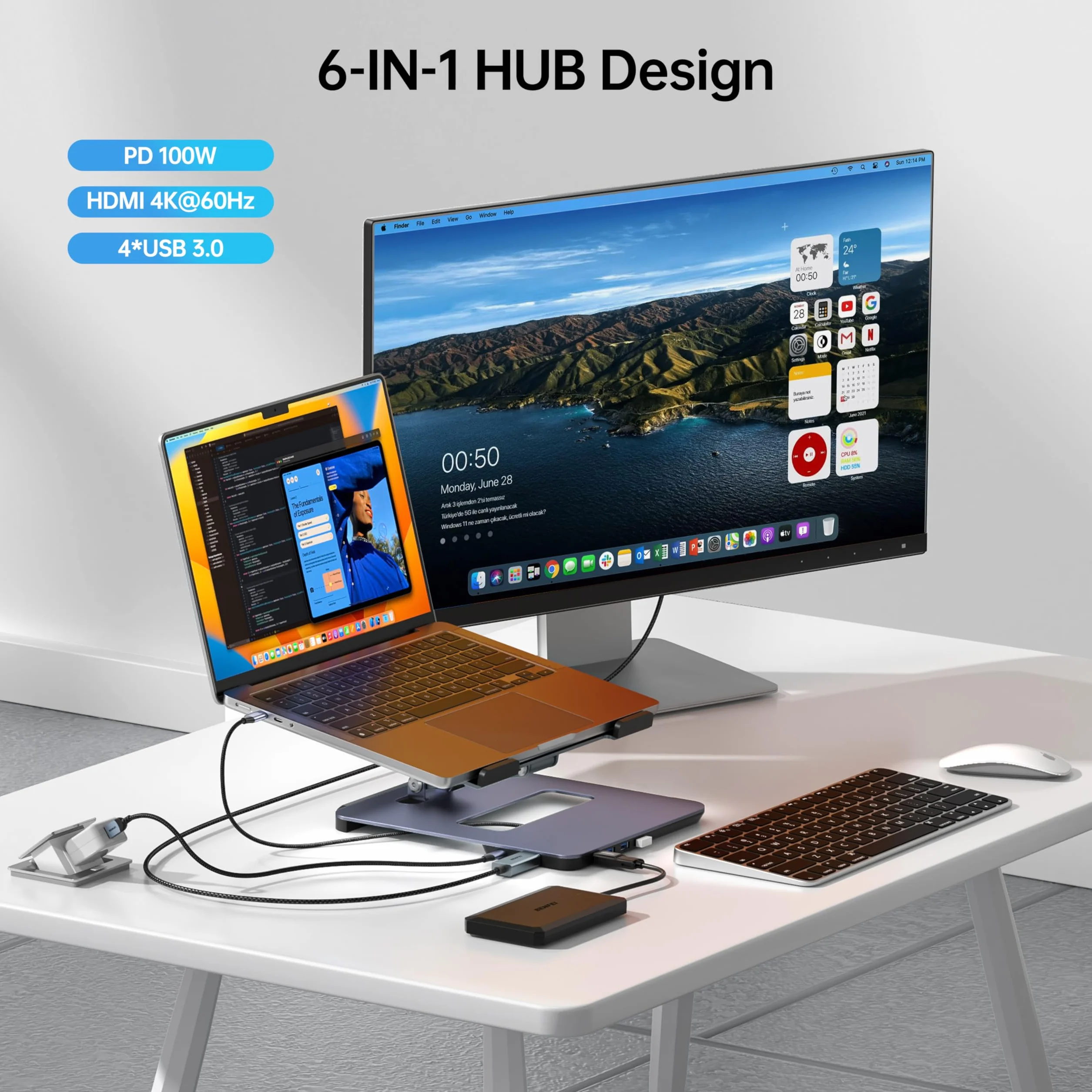 BENFEI Podstawka pod laptopa USB C 6w1 Stacja dokująca HDMI 4K 60 Hz 4xUSB3.0 100W PD