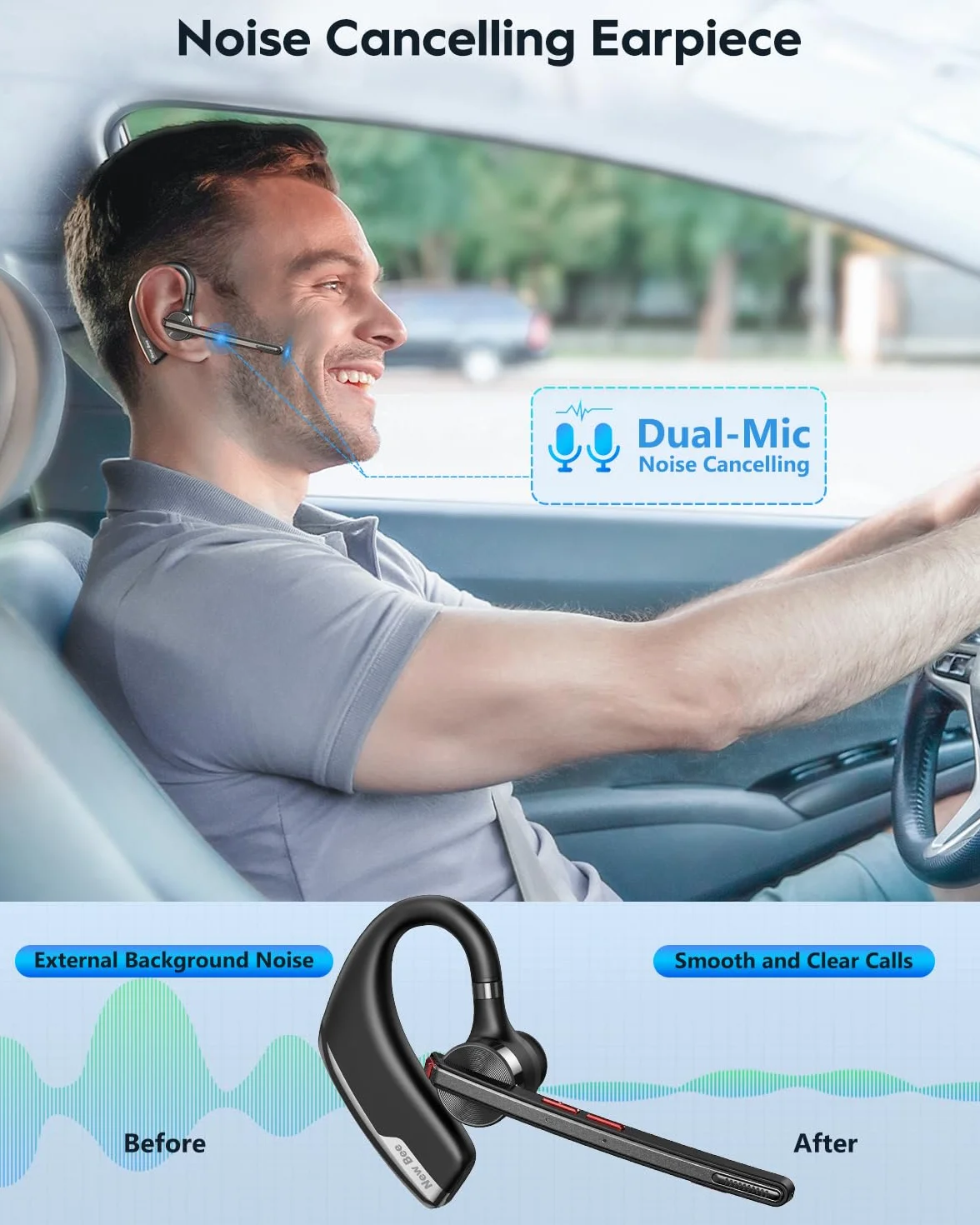 New Bee Zestaw głośnomówiący V5.2 Bluetooth Bezprzewodowy zestaw słuchawkowy z mikrofonem podwójna redukcja szumów Ultralekki dla iOS Android