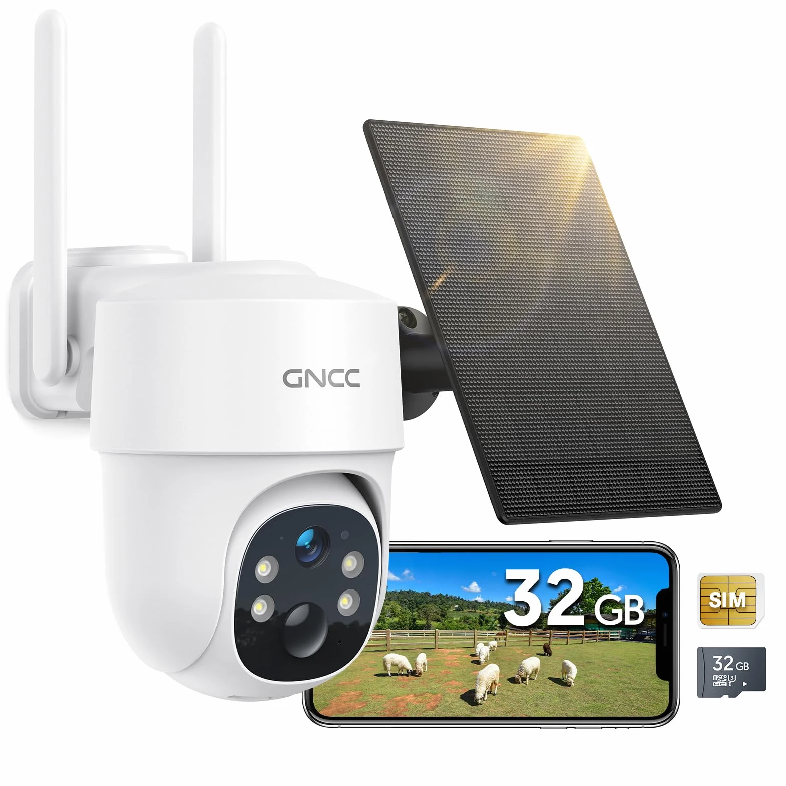 GNCC 4G LTE zewnętrzna kamera monitoringowa solarna z kartą SIM, 2K 3MP kamera monitoringowa na zewnątrz bez WLAN, zewnętrzny akumulator, obrotowa 355°/90°, widok nocny w kolorze/podczerwieni, 2