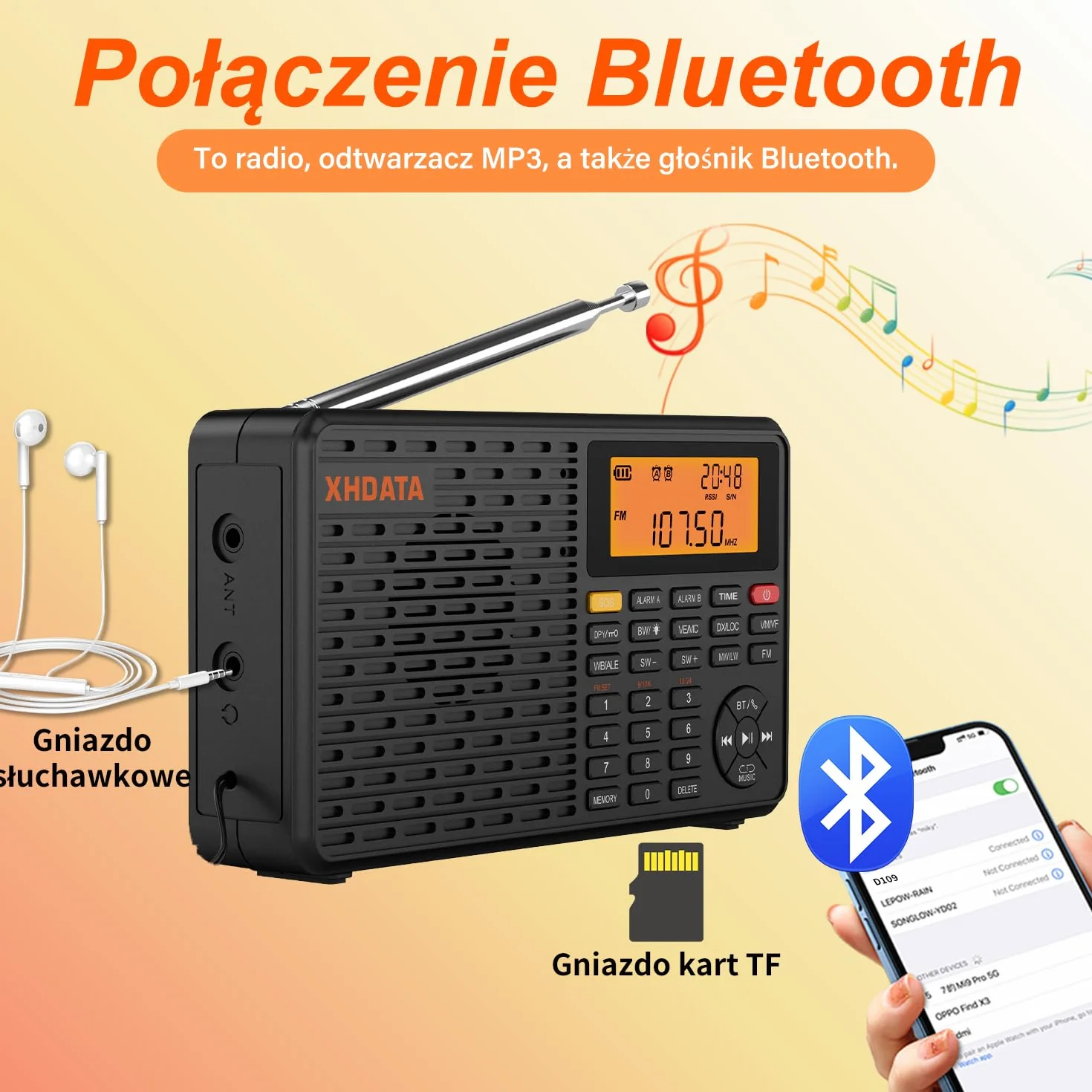 XHDATA D109WB Przenośne radio retro FM/AM/LW MP3 TF Bluetooth z zegarem i budzikiem