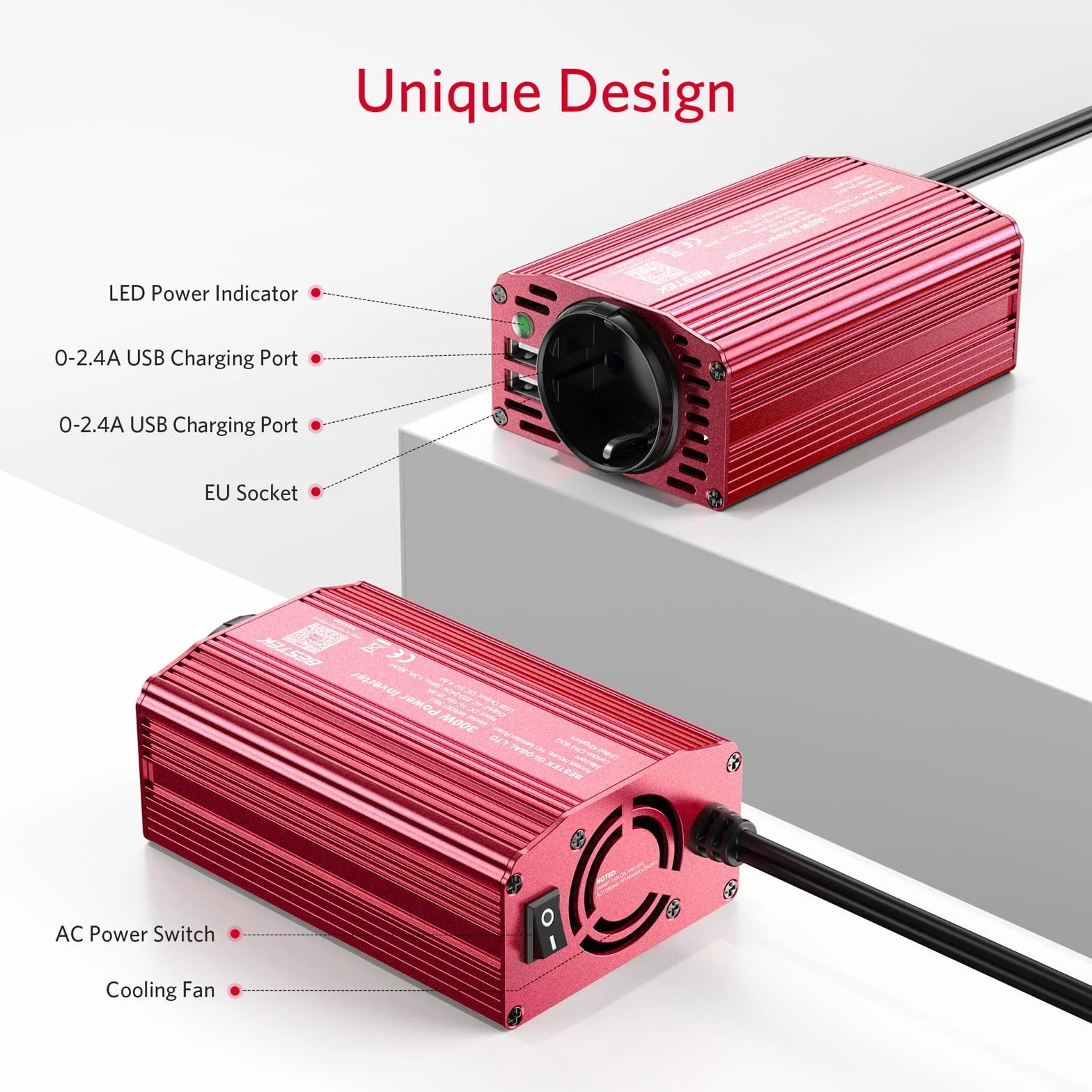 BESTEK Przetwornica napięcia 300 W zmodyfikowany falownik sinusoidalny 12 V na 230 V z gniazdem AC i 2 USB