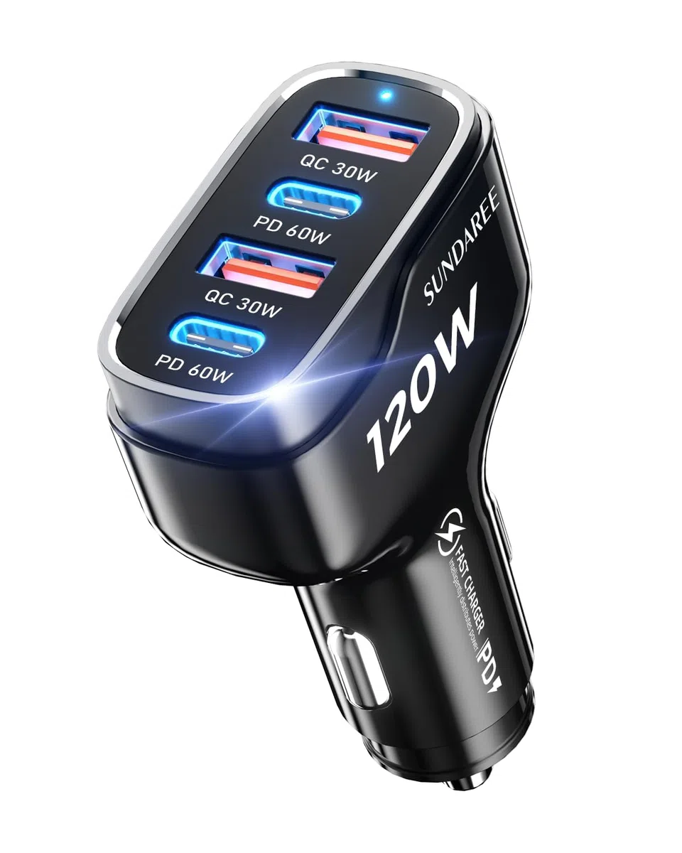 Ładowarka samochodowa USB C, 120 W, 4 porty PD&QC, szybka ładowarka samochodowa, ładowarka samochodowa, zapalniczka USB, adapter samochodowy do iPhone'a 17/Redmi Note 15/Samsung A56/ Pixel 10