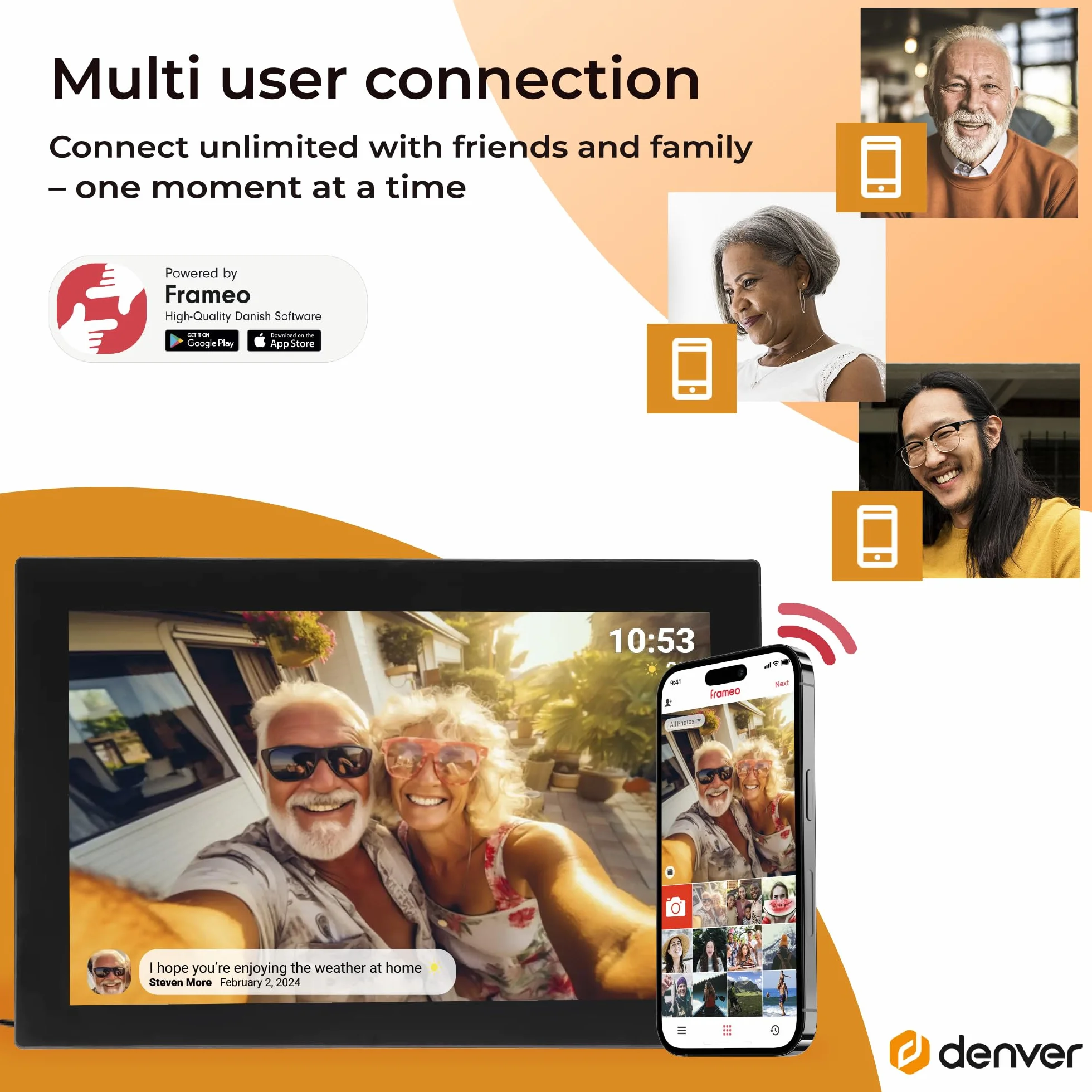 Denver PFF1037 Cyfrowa ramka na zdjęcia ze szklanym wyświetlaczem i WiFi, 10,1 cala, elektroniczna ramka na zdjęcia 16 GB z aplikacją FRAMEO, ekran dotykowy IPS, automatyczna rotacja, gniazdo micro SD, czarna