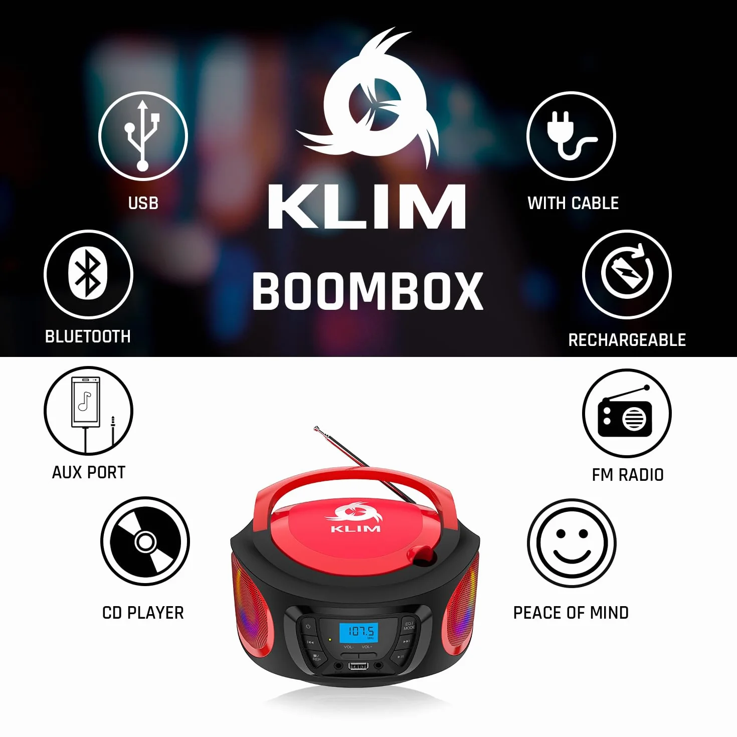KLIM Boombox Radio CD, nowość 2023 Radio FM, CD Bluetooth, MP3, USB, AUX - baterie do ładowania, tryby przewodowe i bezprzewodowe, kompaktowy i wytrzymały, czerwony