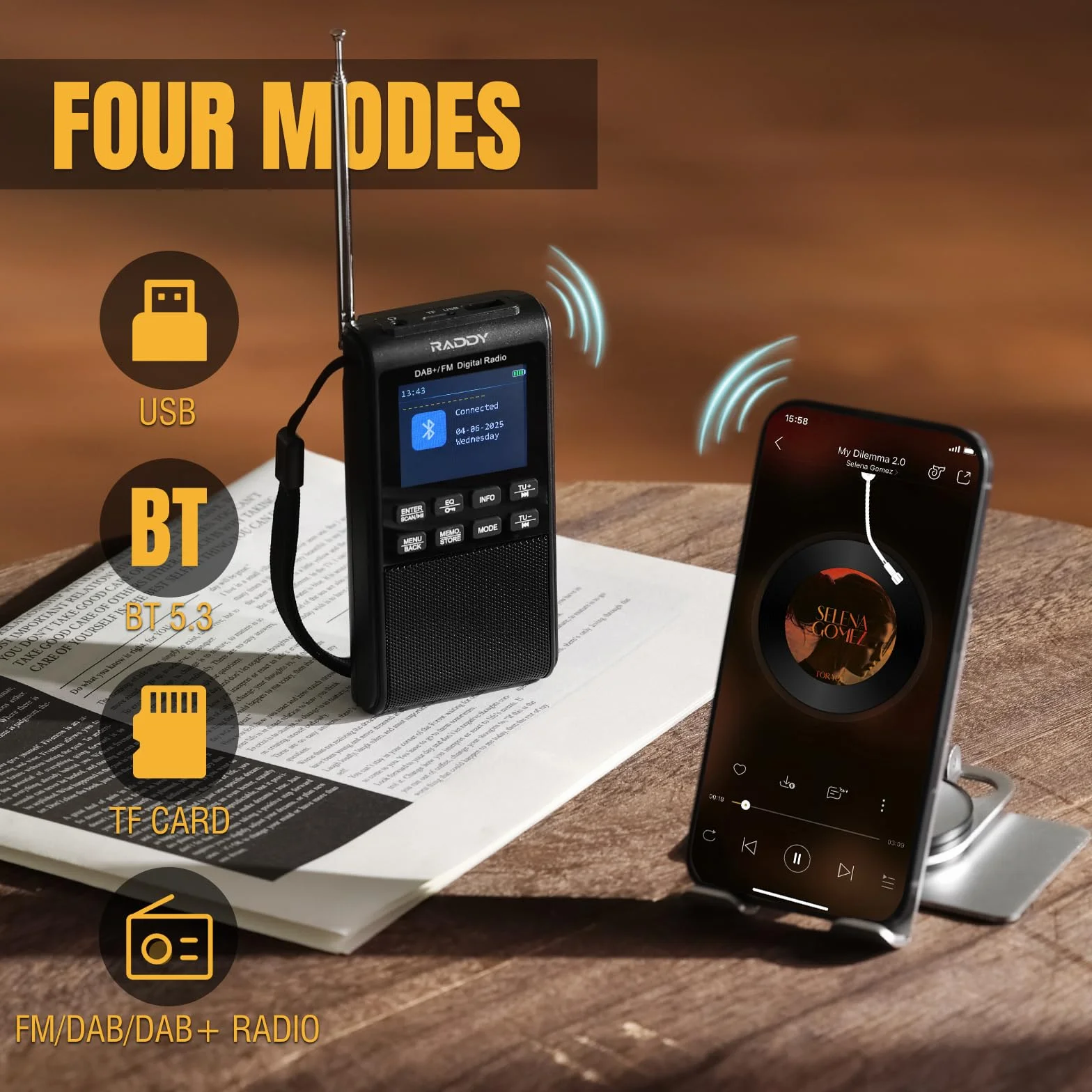 Raddy RD939 przenośne Radio DAB/DAB+ FM, BT 5.3, głośnikiem 5 W, 2-calowym dużym ekranem, 1200 mAh Baterią, Odtwarzaniem TF/USB, automatycznym skanowaniem, gniazdem słuchawkowym