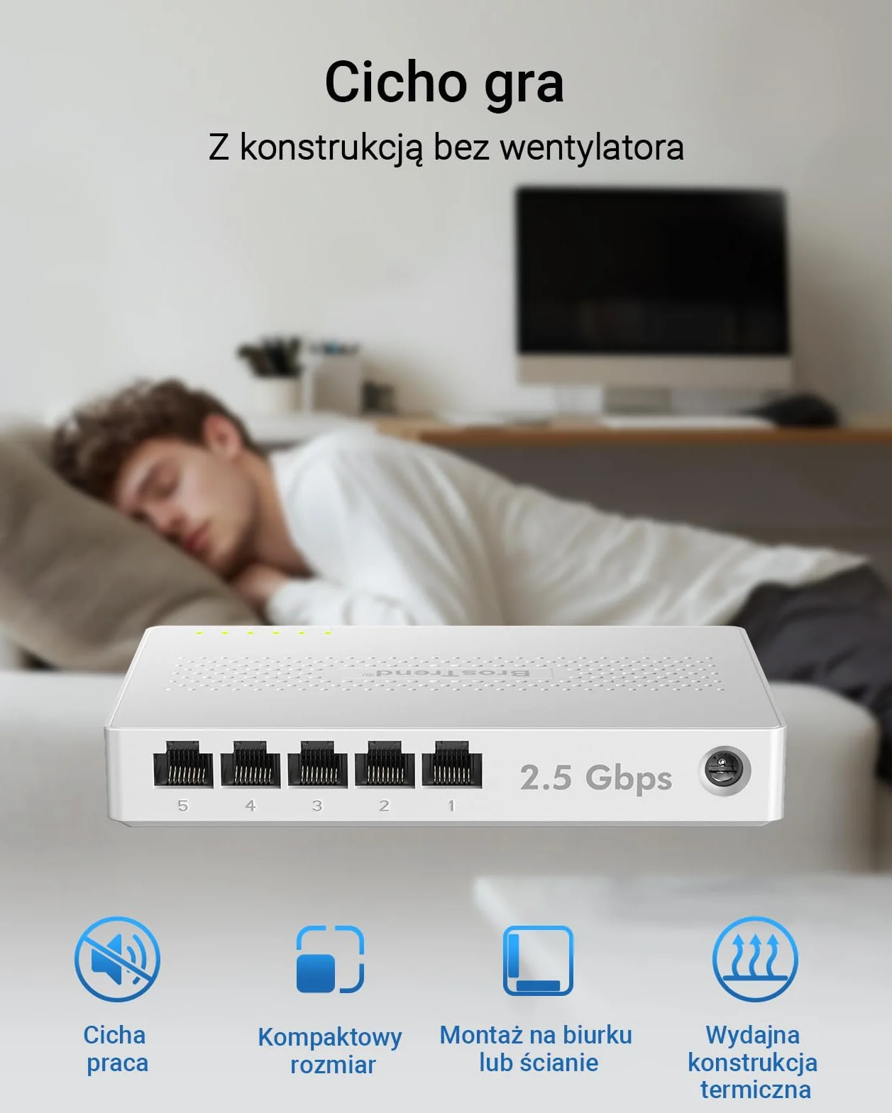 BrosTrend Przełącznik 5 portów 2,5 GB, niezarządzany przełącznik Ethernet do konsoli do gier, komputera, NAS itp. Przełącznik sieciowy 2,5 Gigabit bez wentylatora Plug & Play, dożywotnia ochrona