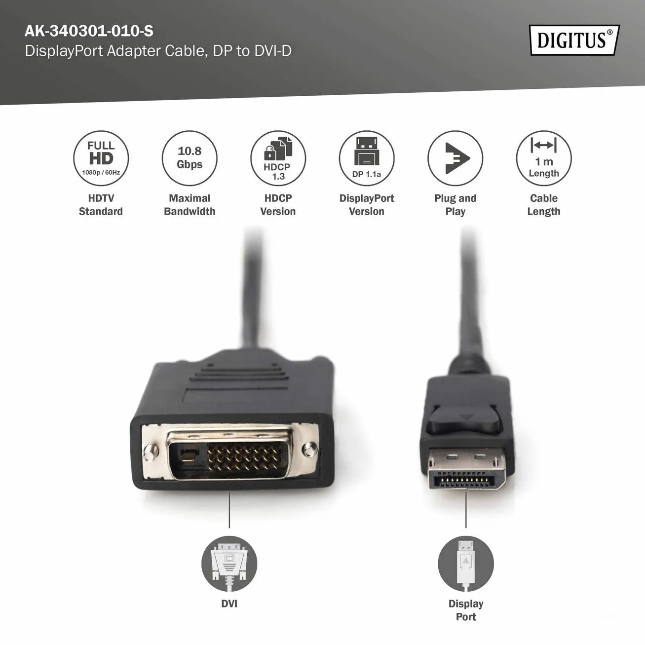 DIGITUS Kabel adaptera DisplayPort – DP – DVI (24+1) – Full HD 1080p/60 Hz – Displayport 1.1a – 1m – z blokadą – odpowiedni do monitorów, kart graficznych – Polybag – czarny