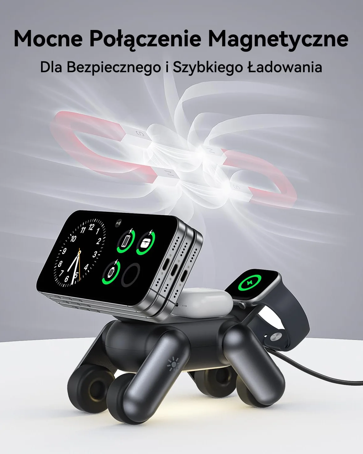 3 w 1 Składana bezprzewodowa ładowarka indukcyjna, kompatybilna z MagSafe, iPhone 17/16/15/14/13/12, Apple Watch S11–S2/Ultra/SE, AirPods Pro, z szybkim adapterem 20W