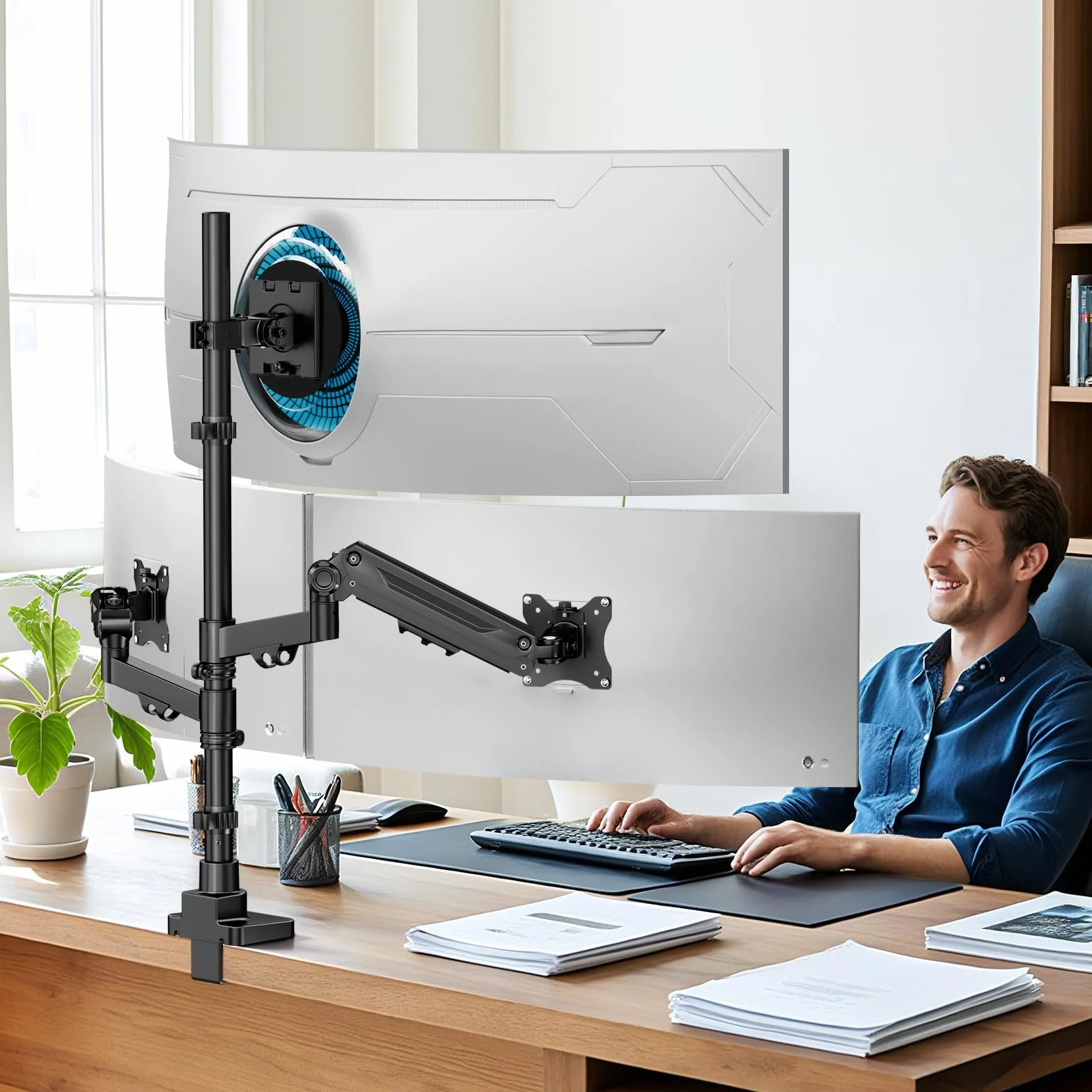 Uchwyt do monitora, 3 monitory, biurko – 1 stały 49" i 2 sprężyny gazowe 35", uchwyt na ekran, 3 monitory, regulacja wysokości, drążek 80 cm, uchwyt stołowy do 20 kg