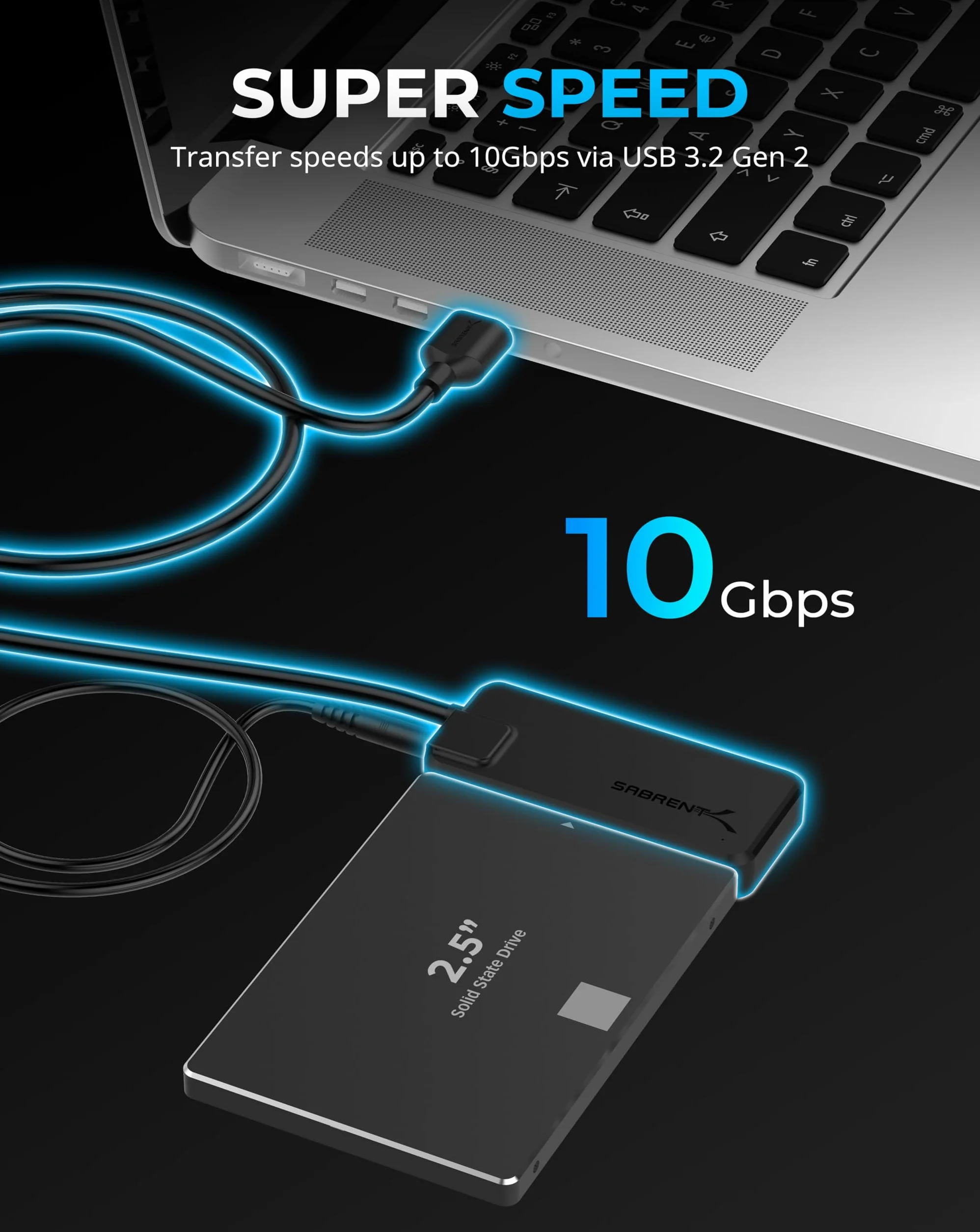 SABRENT Adapter USB 3.2 na SATA SSD/HDD lub U.2, adapter 6.3 cm i 8.9 cm, super szybki transfer danych 10 Gb/s konwerter dysku twardego, obsługuje TRIM i UASP z zasilaczem (EC-U2SA)