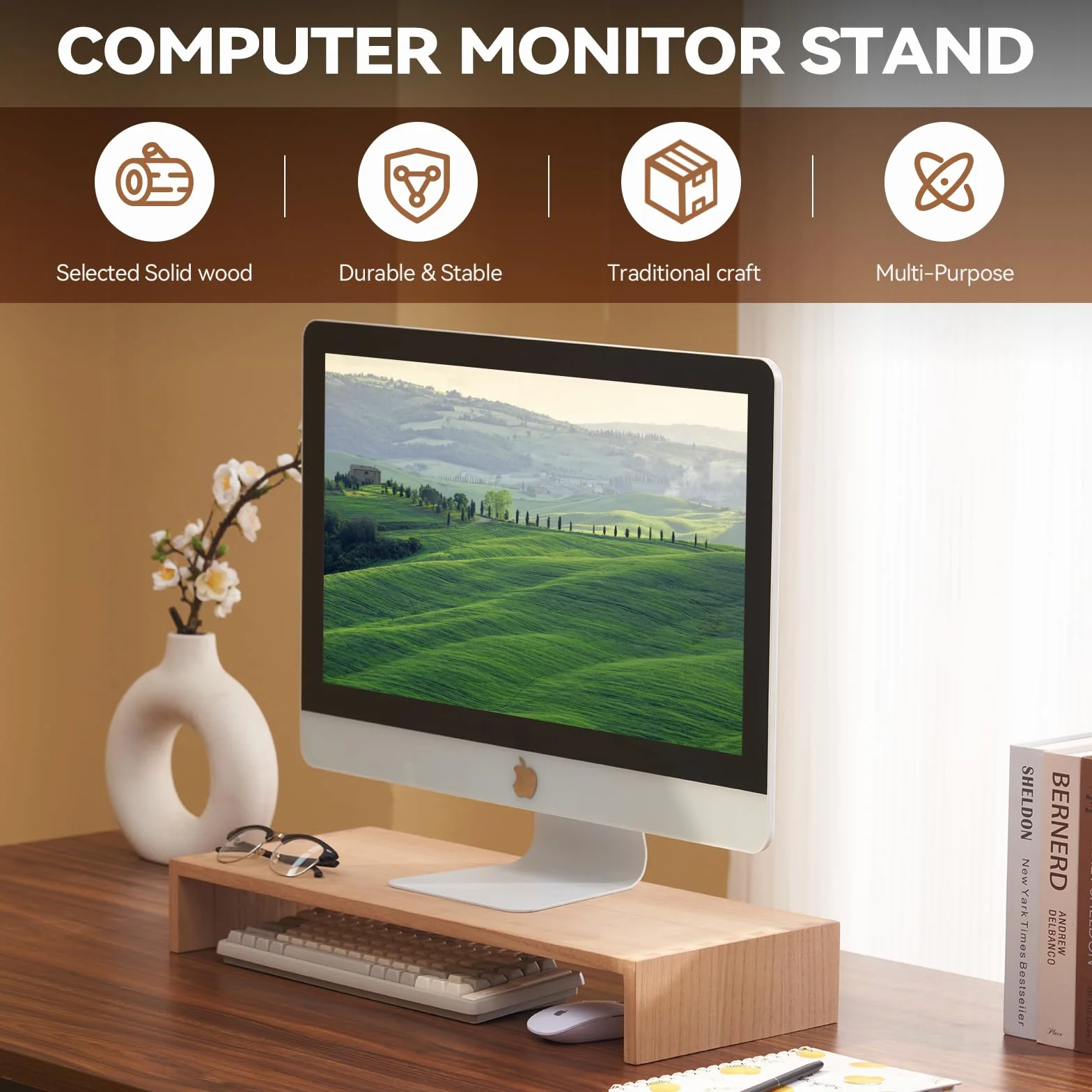 KIRIGEN Drewniany stojak na monitor 59 cm naturalny organizer na komputer laptop telewizor drukarkę