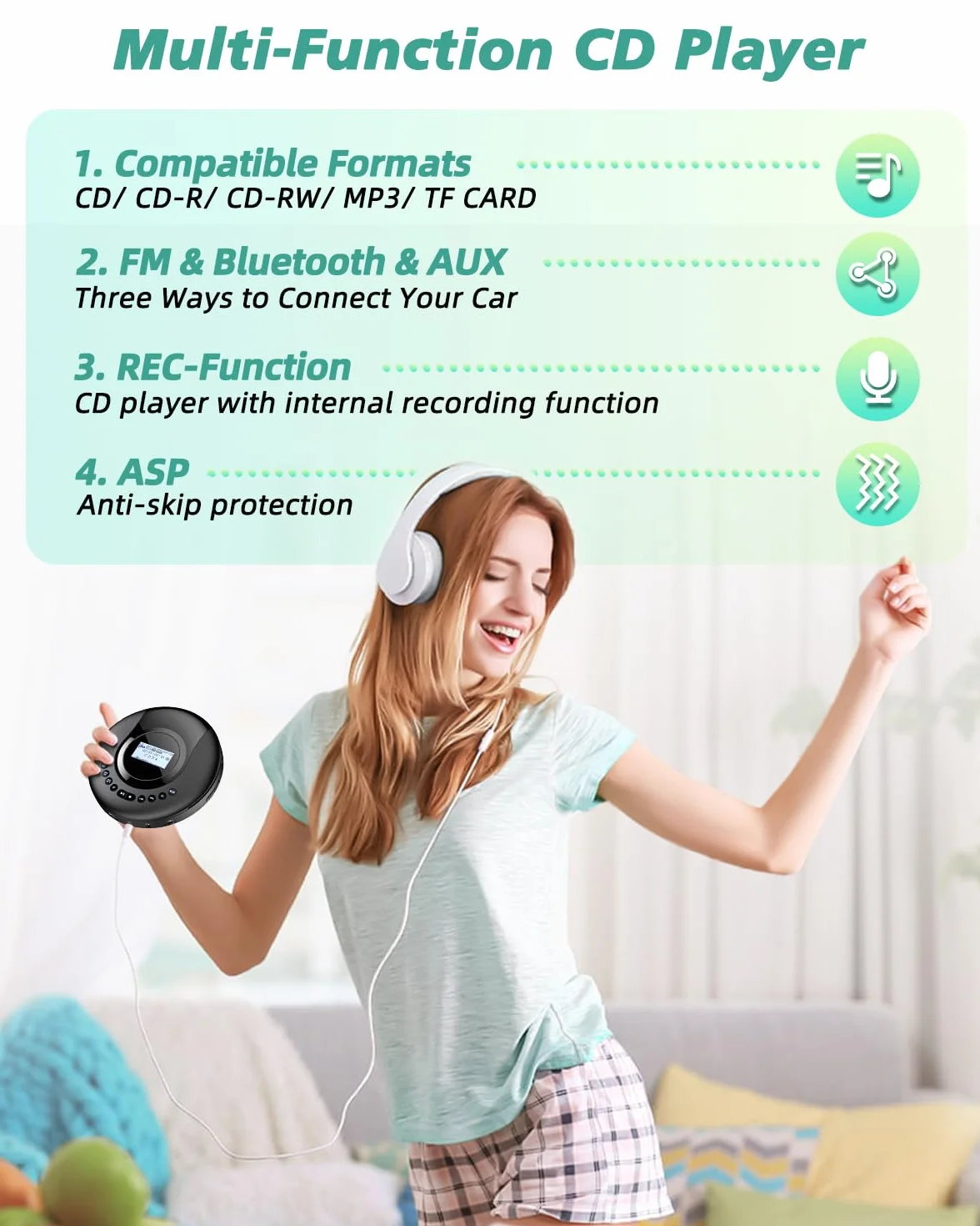 Arafuna Discman przenośny odtwarzacz CD, radio DAB+/FM, Bluetooth, wbudowana bateria 2000 mAh, czarny