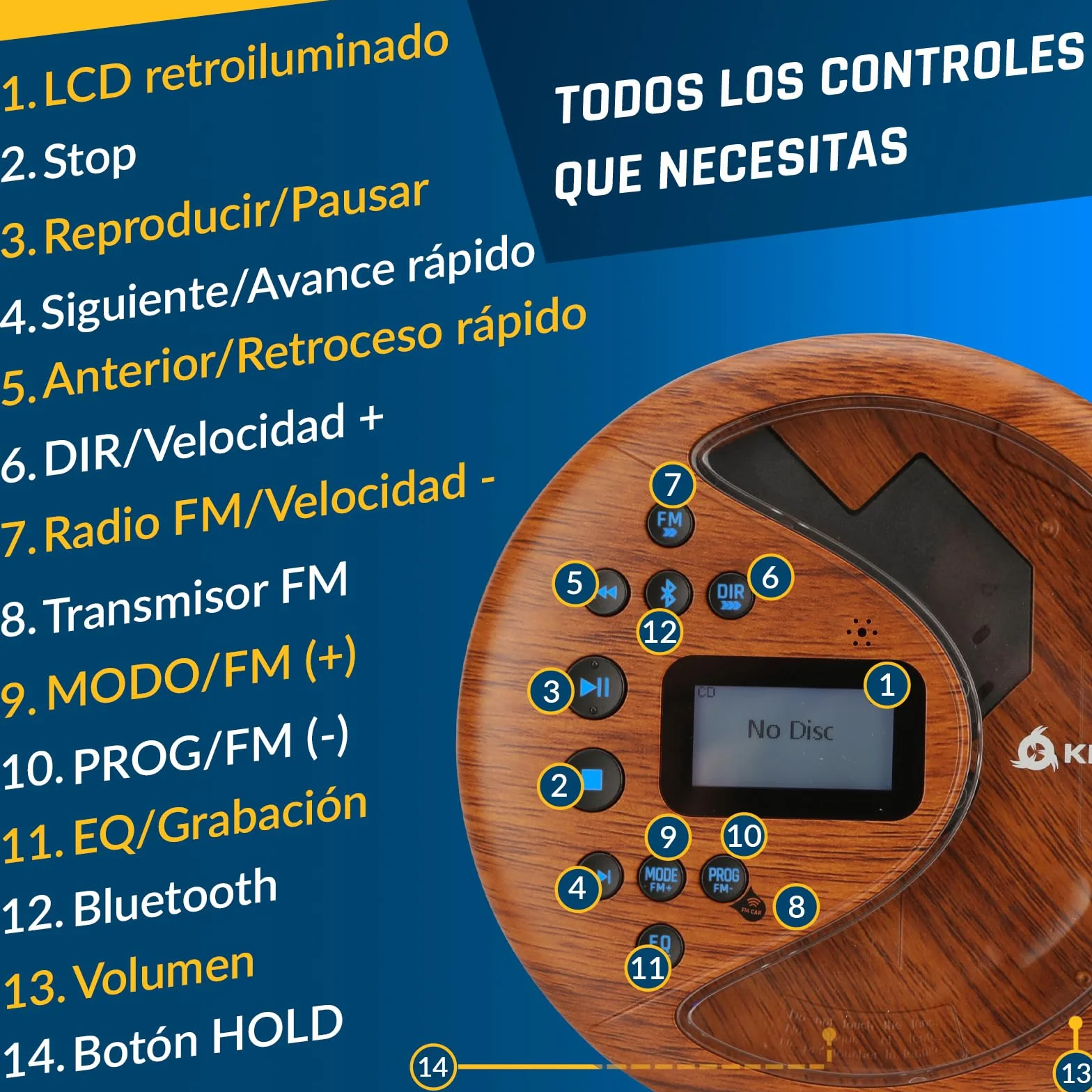 KLIM Discover Wood - Przenośny odtwarzacz CD z długotrwałą baterią - Nowy - ze słuchawkami - Radio FM - Przenośny odtwarzacz CD MP3 - Karta SD, nadajnik FM, Bluetooth - Idealny do samochodów