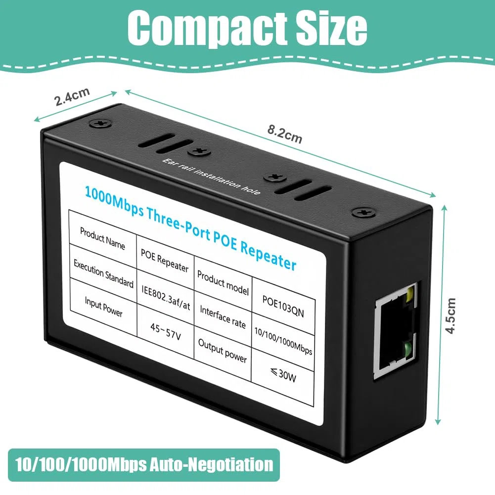 2-portowy wzmacniacz PoE Gigabit, powtarzacz PoE IEEE802.3af/at (30W) z prędkością 1000 Mb/s, rozszerza zasięg zasilania i przesyłania danych o dodatkowe 100 m, 1 wejście 2 wyjścia splitter POE
