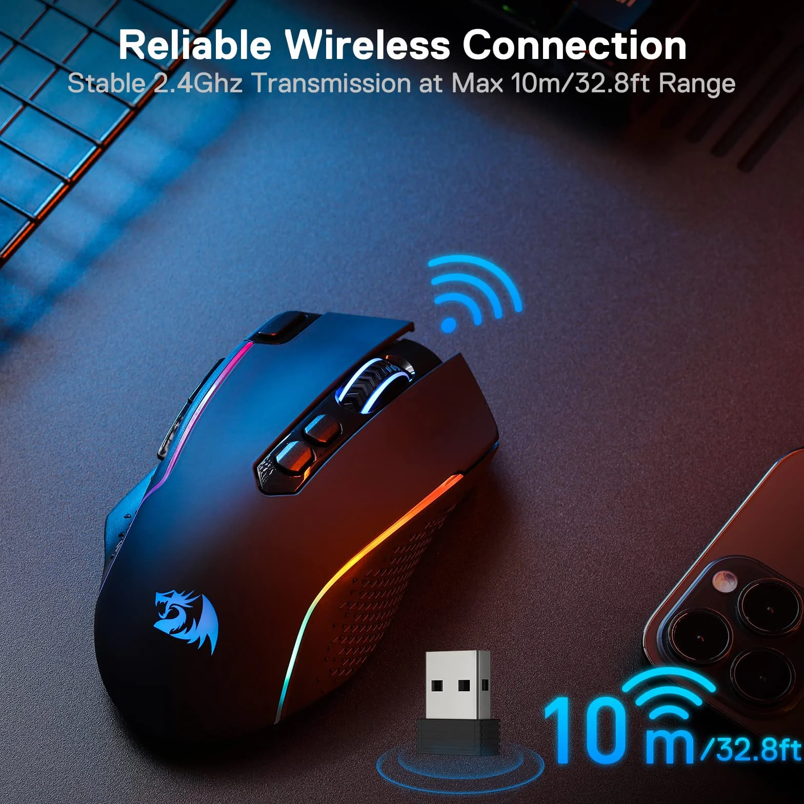 Redragon M810 Pro Bezprzewodowa mysz do gier, 10000 DPI, dla graczy, z przyciskiem szybkiego strzału, 8 klawiszy makro, 45 godzin ciągłej mocy, podświetlenie RGB, do komputerów PC/Mac/laptopów,