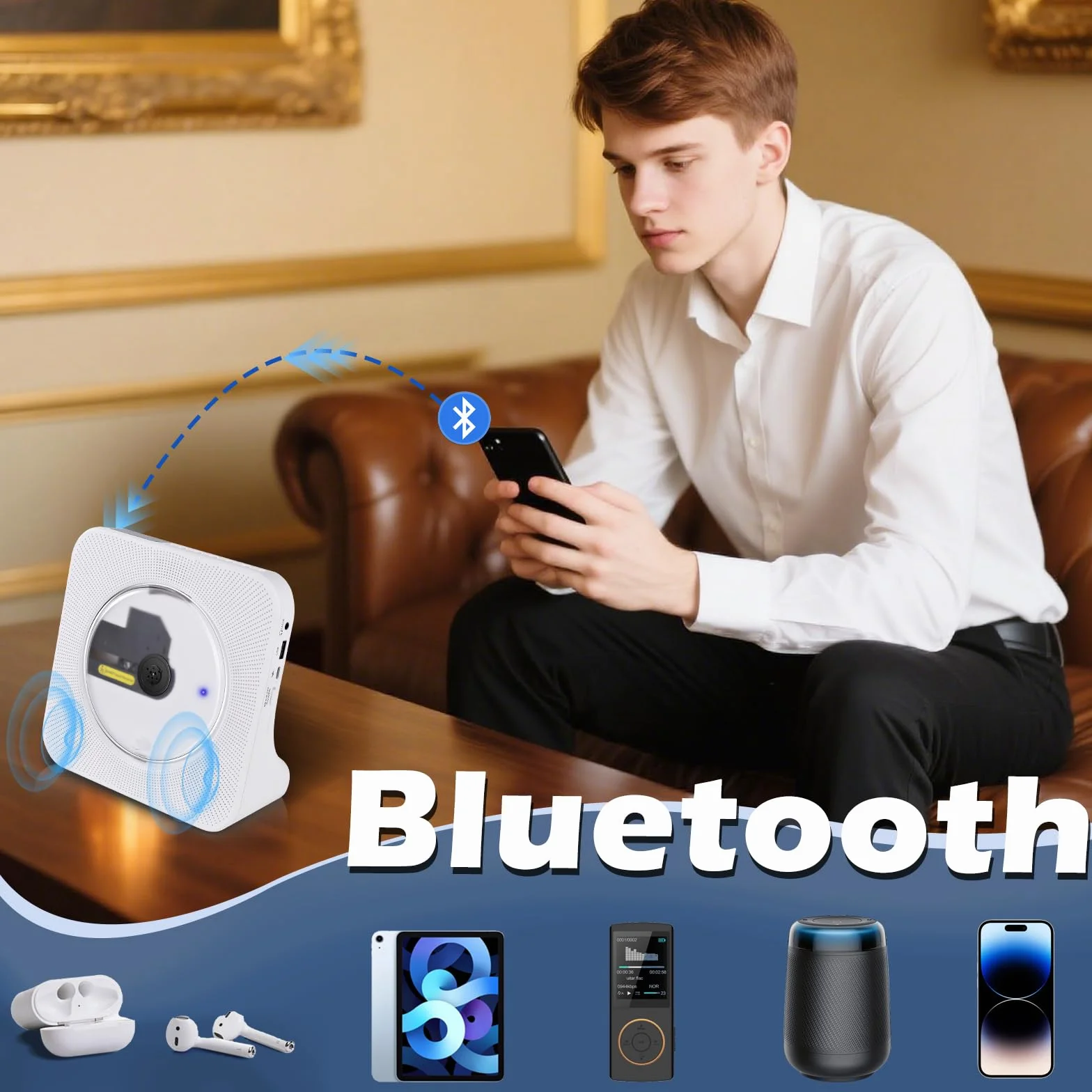 Biurkowy odtwarzacz CD z Bluetooth 5.0, przenośny odtwarzacz muzyki CD do domu, wbudowany głośnik HiFi, pilot zdalnego sterowania, radio FM, gniazdo słuchawkowe, wyłącznik czasowy, obsługa AUX/USB