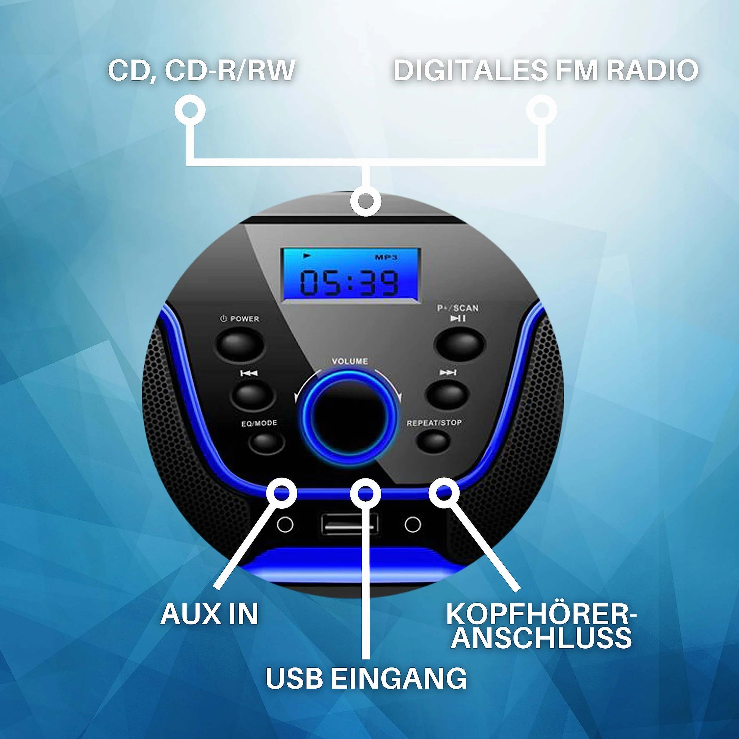 Przenośny odtwarzacz CD - Boombox - CD/CD-R - USB - Radio FM - Wejście AUX - Gniazdo słuchawkowe - Odtwarzacz CD - Radio dla dzieci - CD - Kanał stereo - Kompaktowy system (Dark Blue)