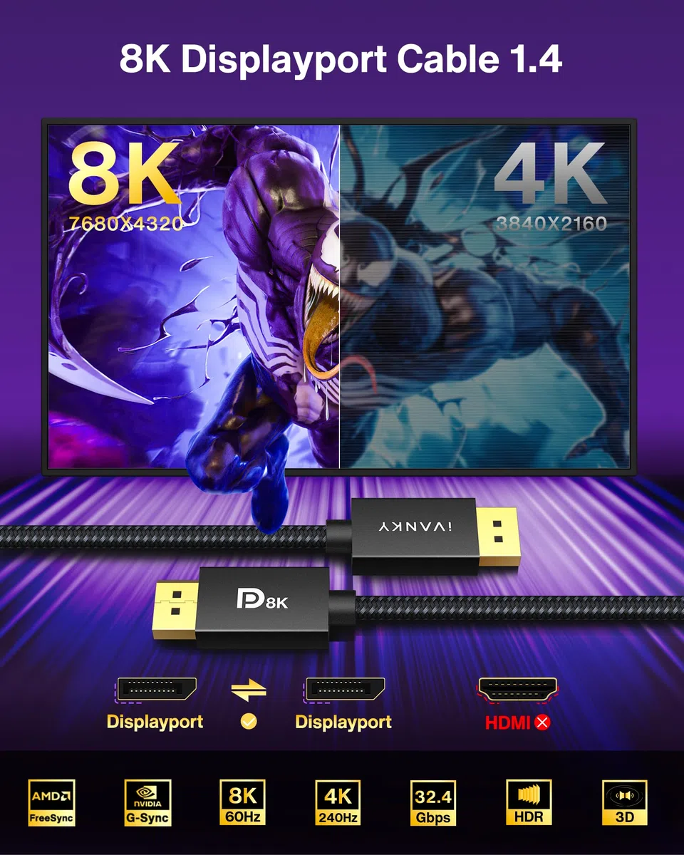 IVANKY Kabel DisplayPort 8K, certyfikat VESA, kabel DP 1.4, 2 m, obsługa wysokiej prędkości 8K przy 60 Hz, 4K przy 144 Hz, 2K przy 240 Hz, obsługa HBR3 32,4 Gb/s, HDCP 2.2, kompatybilny z laptopem