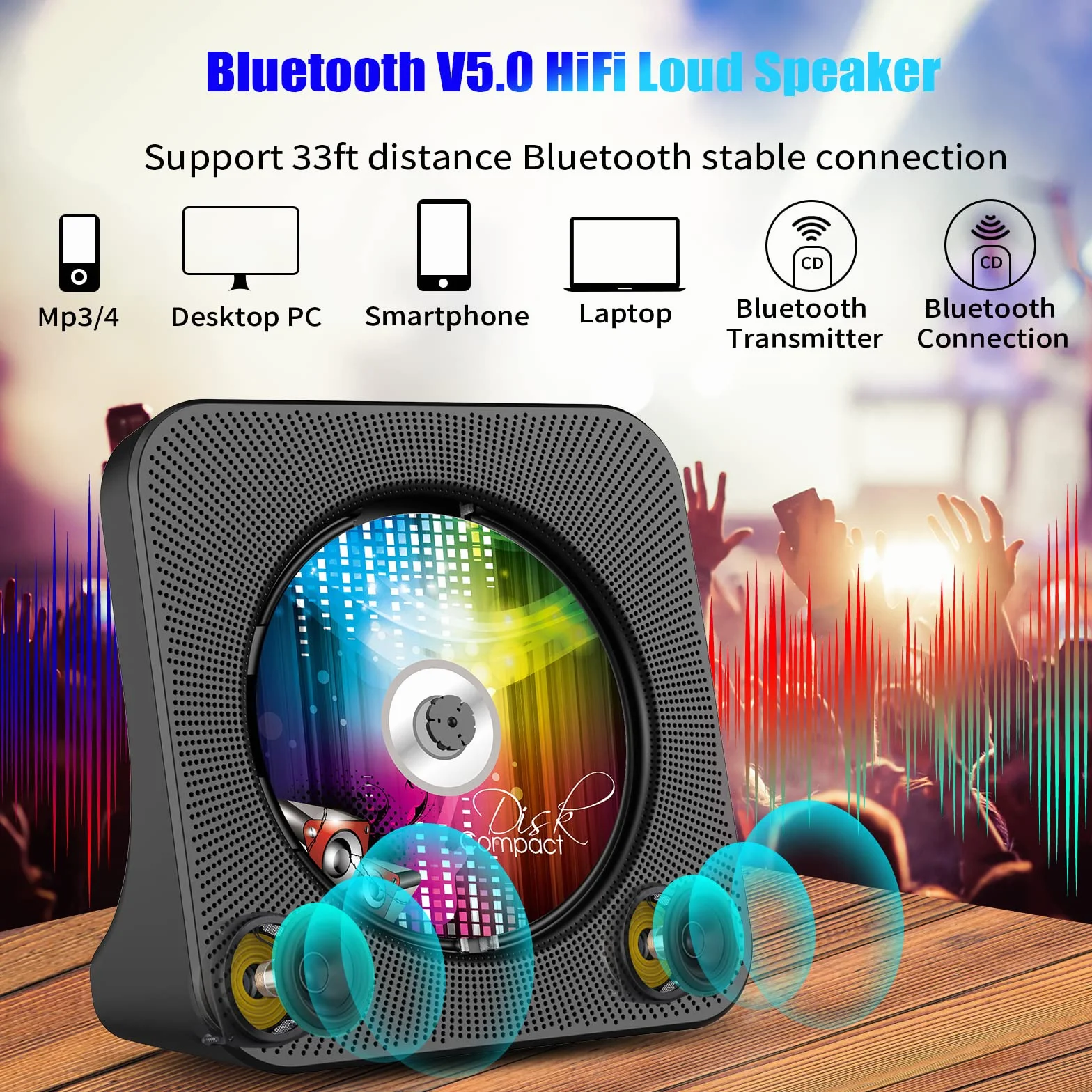 Gueray Desktopowy odtwarzacz CD z Bluetooth, Radio FM, USB-C, wbudowane głośniki HiFi, LED, czarny