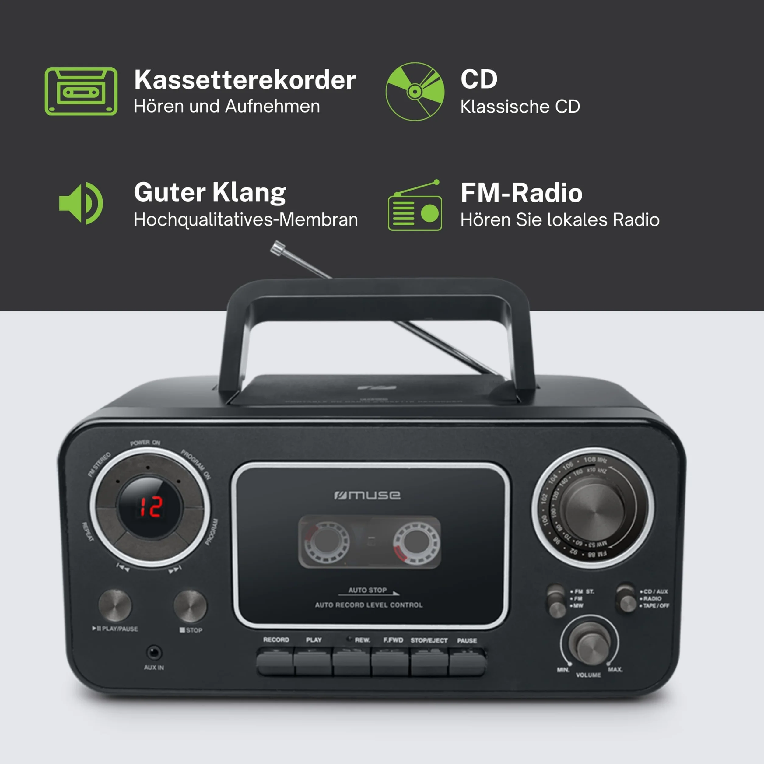 MUSE Radioodtwarzacz Kasetowy M-182 RDC, Czarny