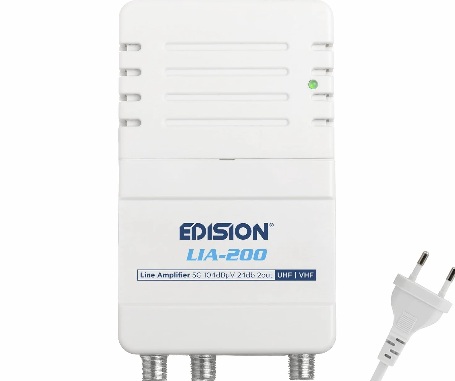 EDISION LIA-200 UHF/VHF wewnętrzny wzmacniacz telewizyjny, regulowany 12-24db, 104dBmV, do cyfrowej naziemnej DVB-T/T2, z filtrem 5G LTE, 1 wejście, 2 wyjścia
