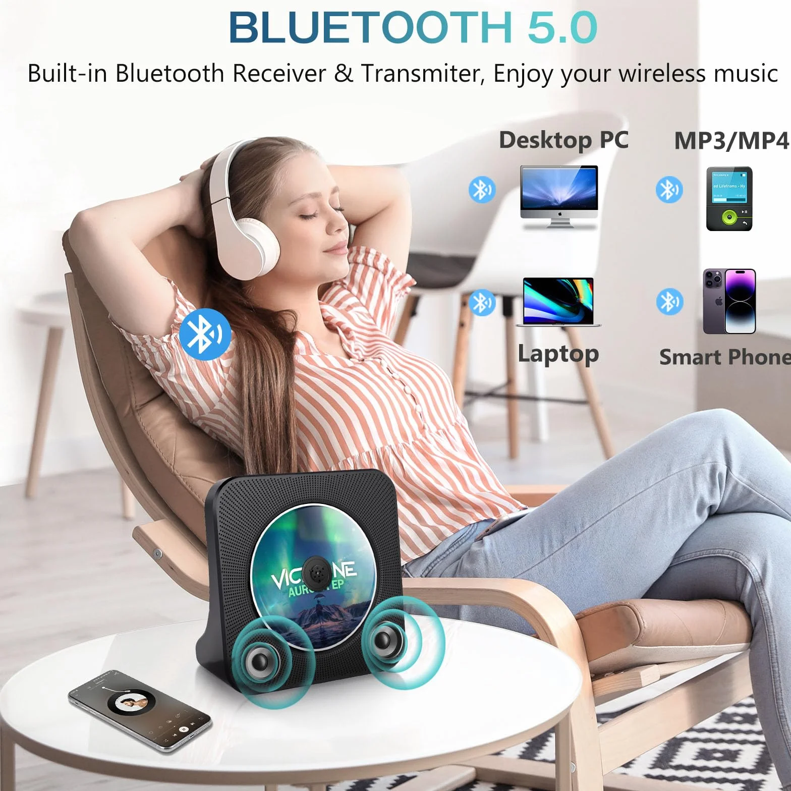 Desktopowy odtwarzacz CD z nadajnikiem Bluetooth, przenośny odtwarzacz radiowy z głośnikami i timerem, odtwarzacz CD z portem AUX/USB, osłona przeciwpyłowa, wyświetlacz LCD