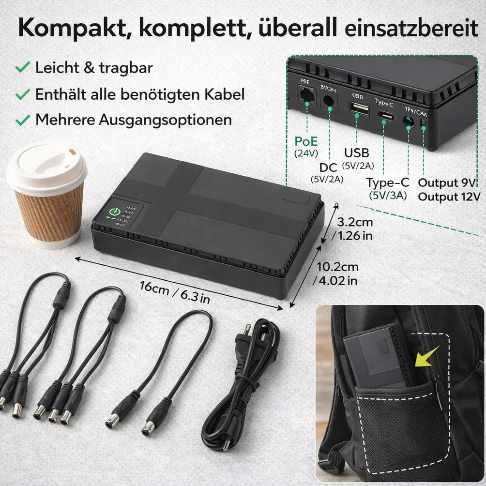 UPS Battery Backup 20000 mAh Kompaktowy Stabilny Zasilacz do Kamery Bezpieczeństwa Routera MP4