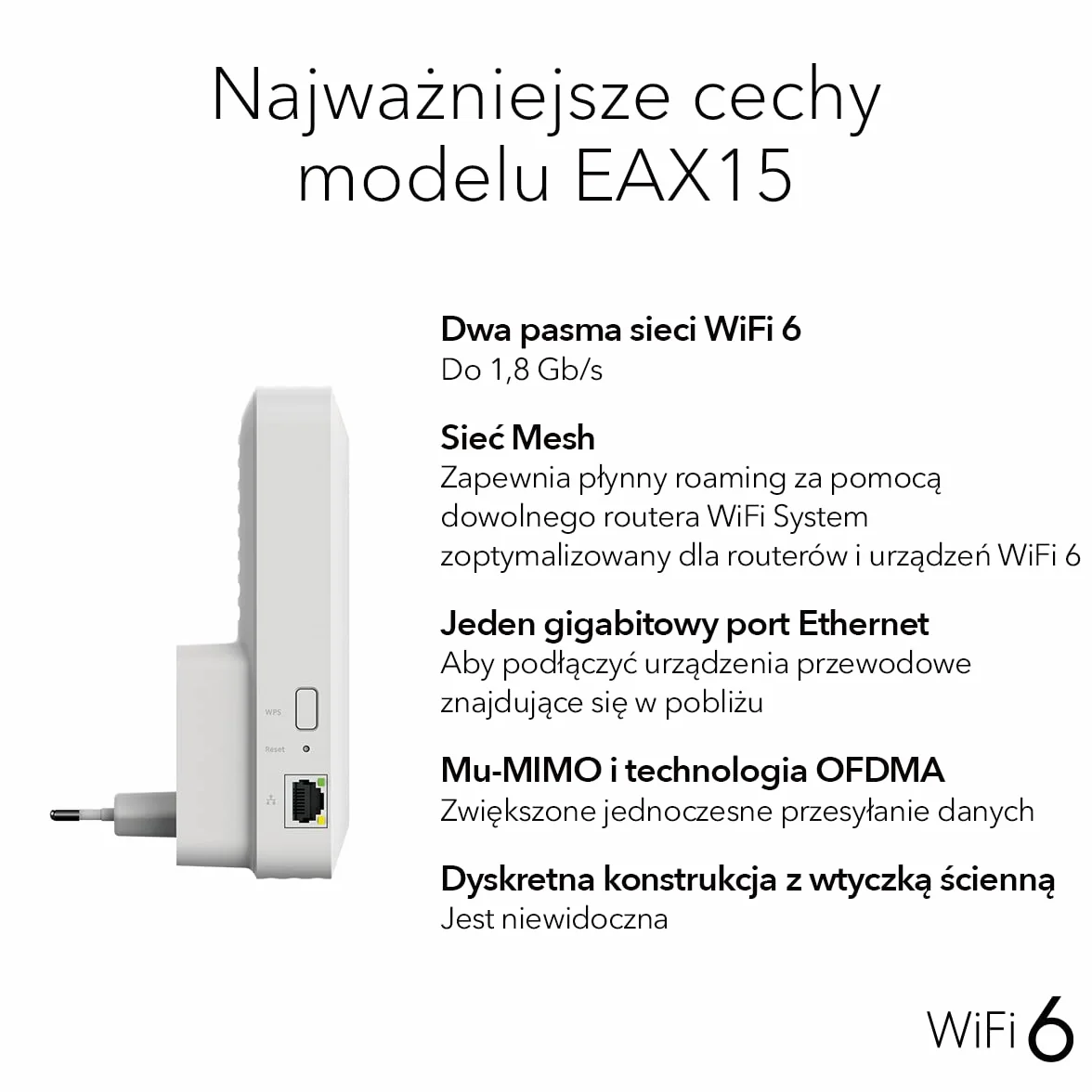 NETGEAR Wzmacniacz sygnału WiFi 6 EAX15 AX1800 Dual-Band do 100 m² 20 urządzeń WPA3 Smart Roaming