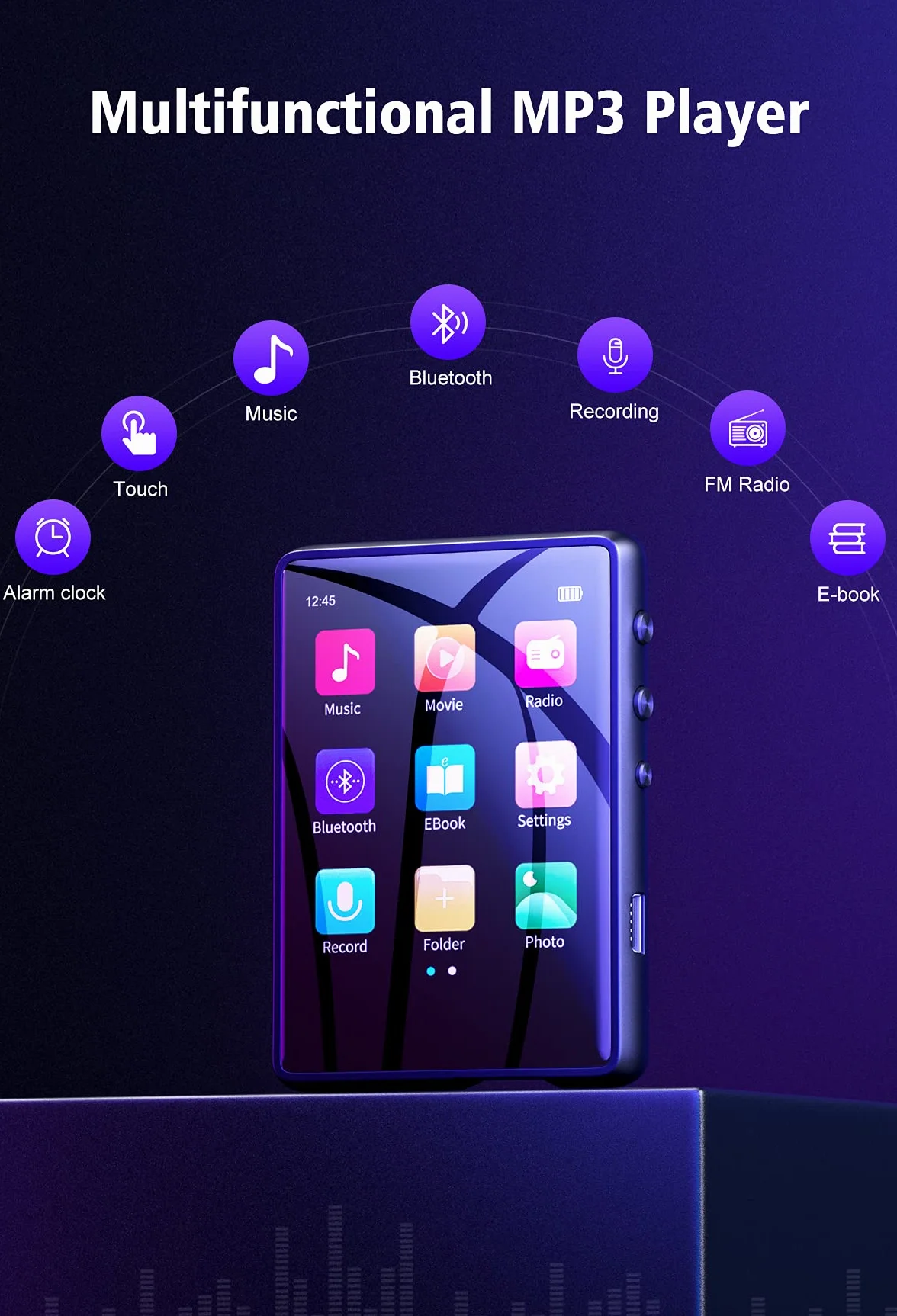 Odtwarzacze MP3 Bluetooth 5.0 32GB 2,4" Przenośny odtwarzacz muzyczny do biegania, Hi Res Audio Video FM Radio Line-in Ebook nagrywania, obsługuje do 128GB TF-kaart (Czarny)