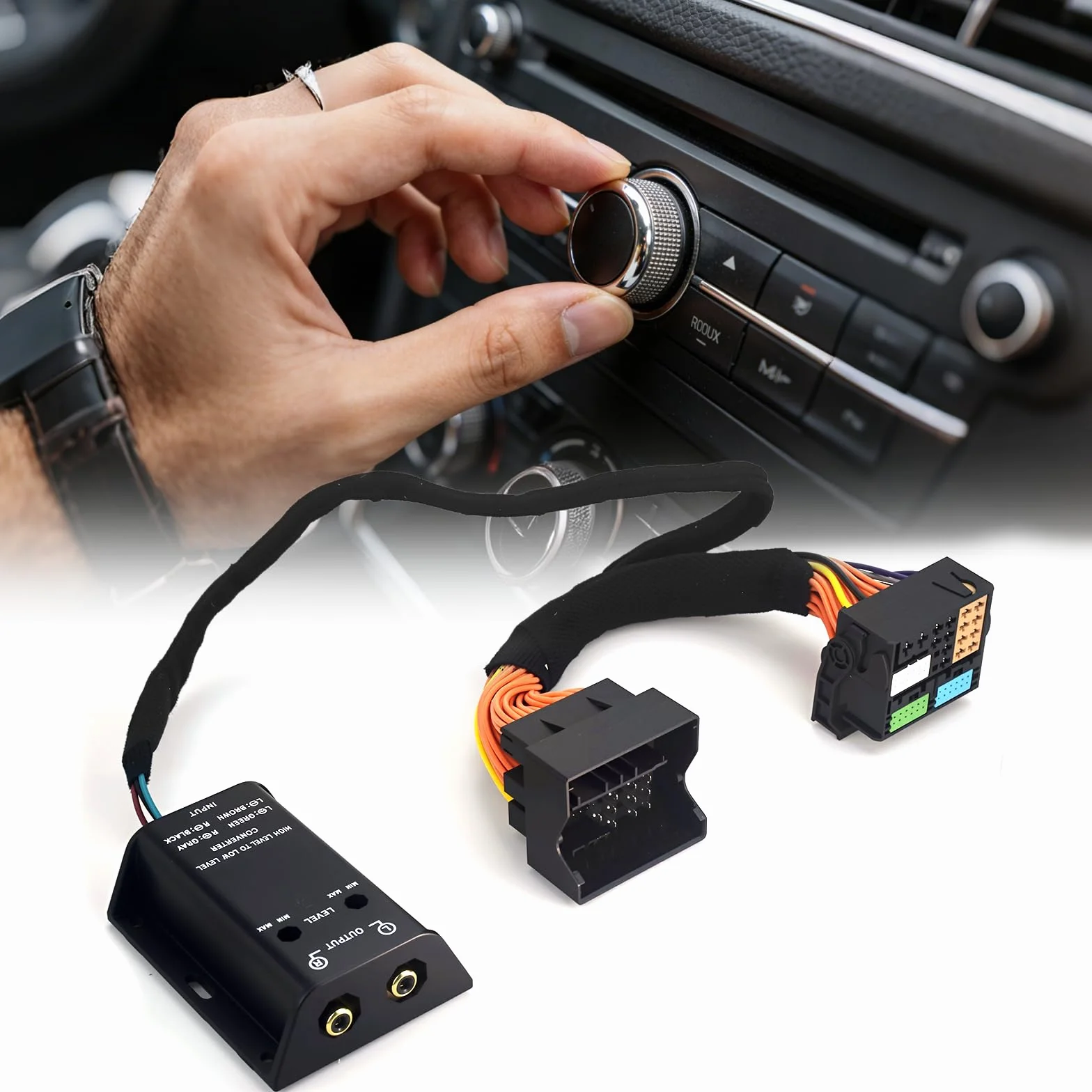 High Low adapter subwoofera konwerter do radia samochodowego 2-kanałowy adapter cinch, kabel na wyjście Quadlock, kabel przedłużający High-Low pasuje do BMW Ford, Mercedes, Seat, Skoda, VW