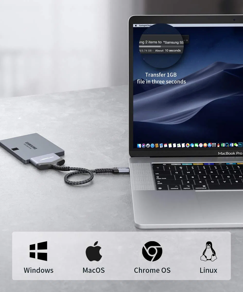 JSAUX Kabel SATA na USB C, USB C 3.1 do 2,5" SATA III, adapter do dysków twardych typu C do 2,5" SSD i transmisji danych HDD, kompatybilny z Thunderbolt 3 Macbook Pro 2021/2020, Mac Mini itp. (szary)