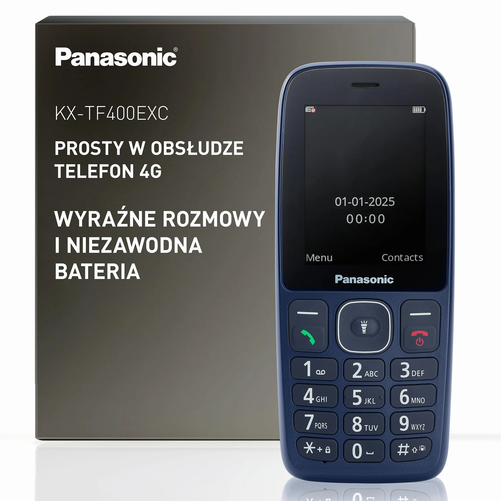Panasonic KX-TF400EXC Łatwy w Użyciu Klasyczny Telefon 4 G VoLTE, 280 Godzin Czuwania, Ładowanie USB-C, Wyświetlacz 2,4 Cala, Bluetooth, Latarka LED, Aparat, Wodoodporność IP44, Niebieski