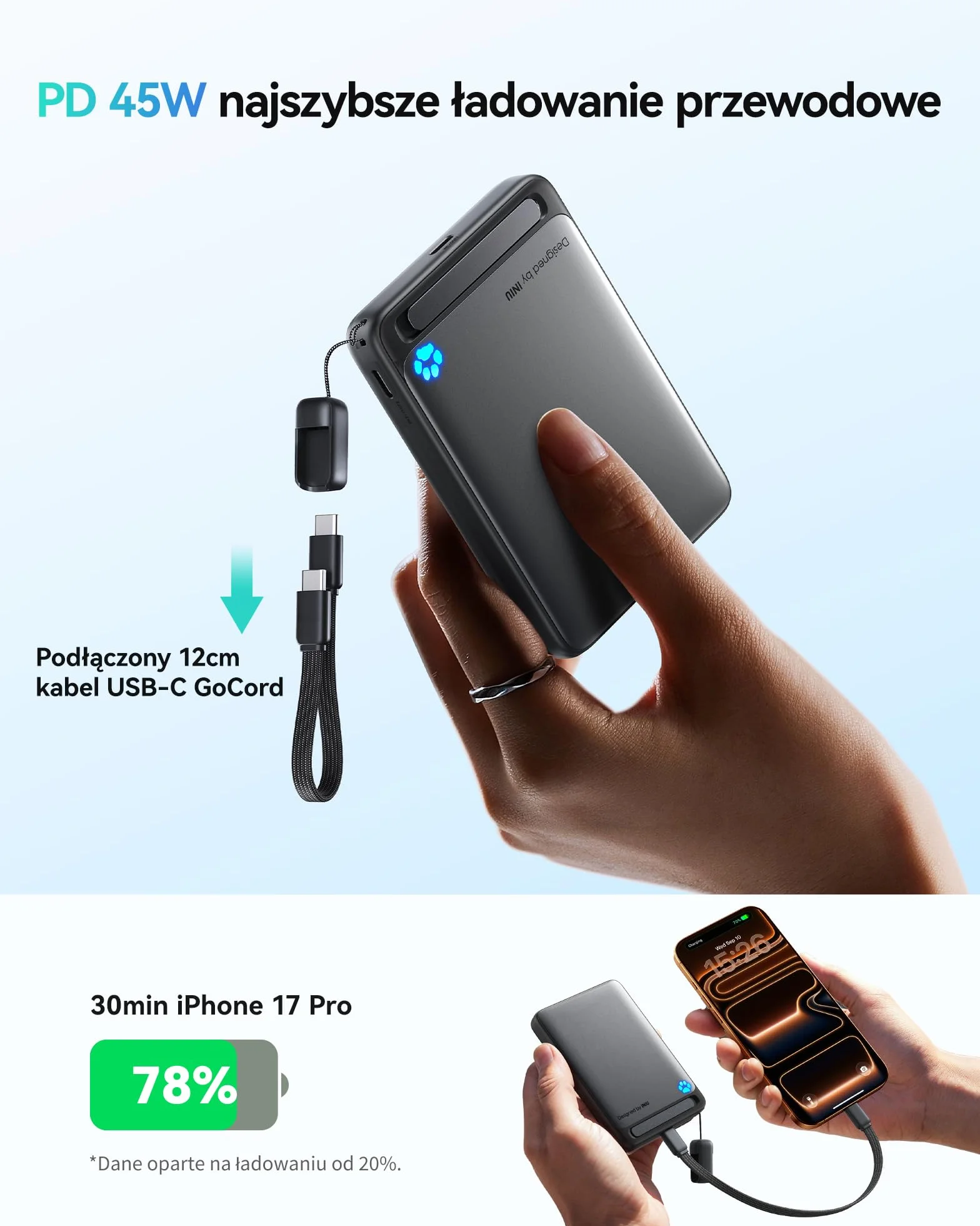 INIU Magnetyczne Powerbank 10000mAh Qi2 15W Bezprzewodowe Szybkie Ładowanie 45W USB-C Przenośna Ładowarka