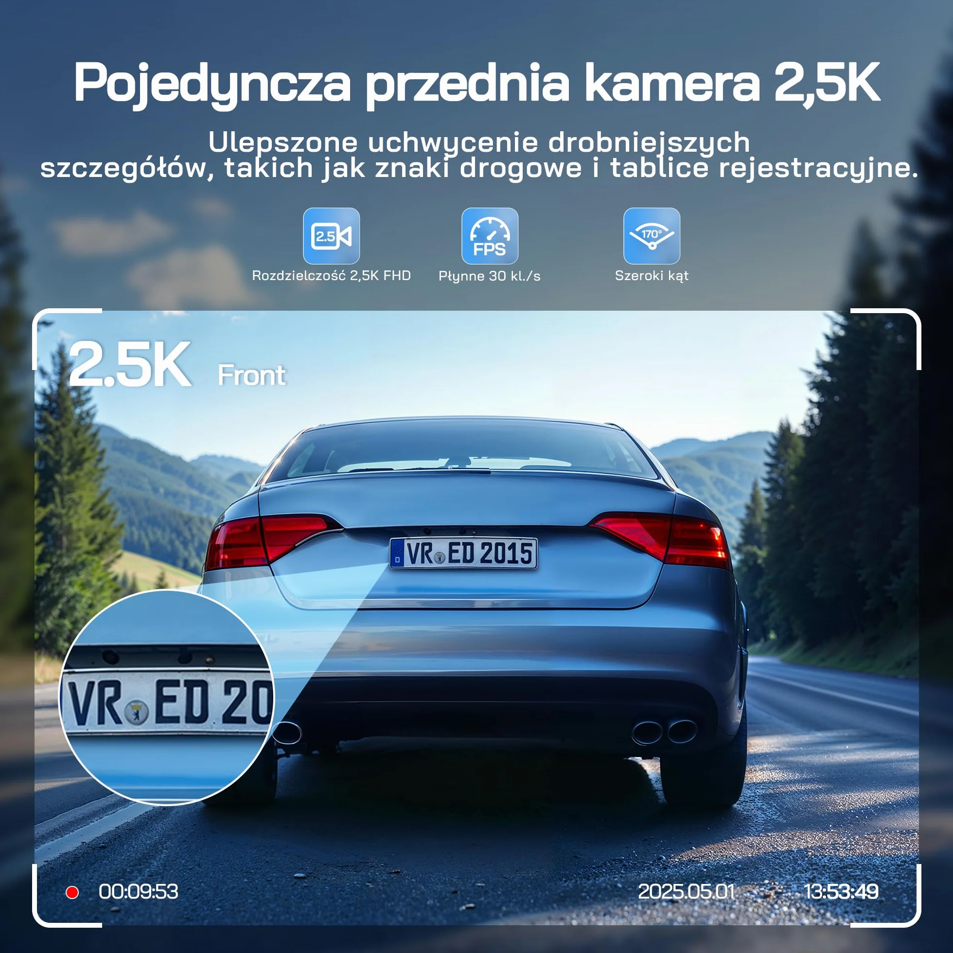 Kamera samochodowa WOLFANG 2.5K Wi-Fi 32GB podwójna z noktowizorem nagrywanie w pętli czujnik G szeroki kąt 170